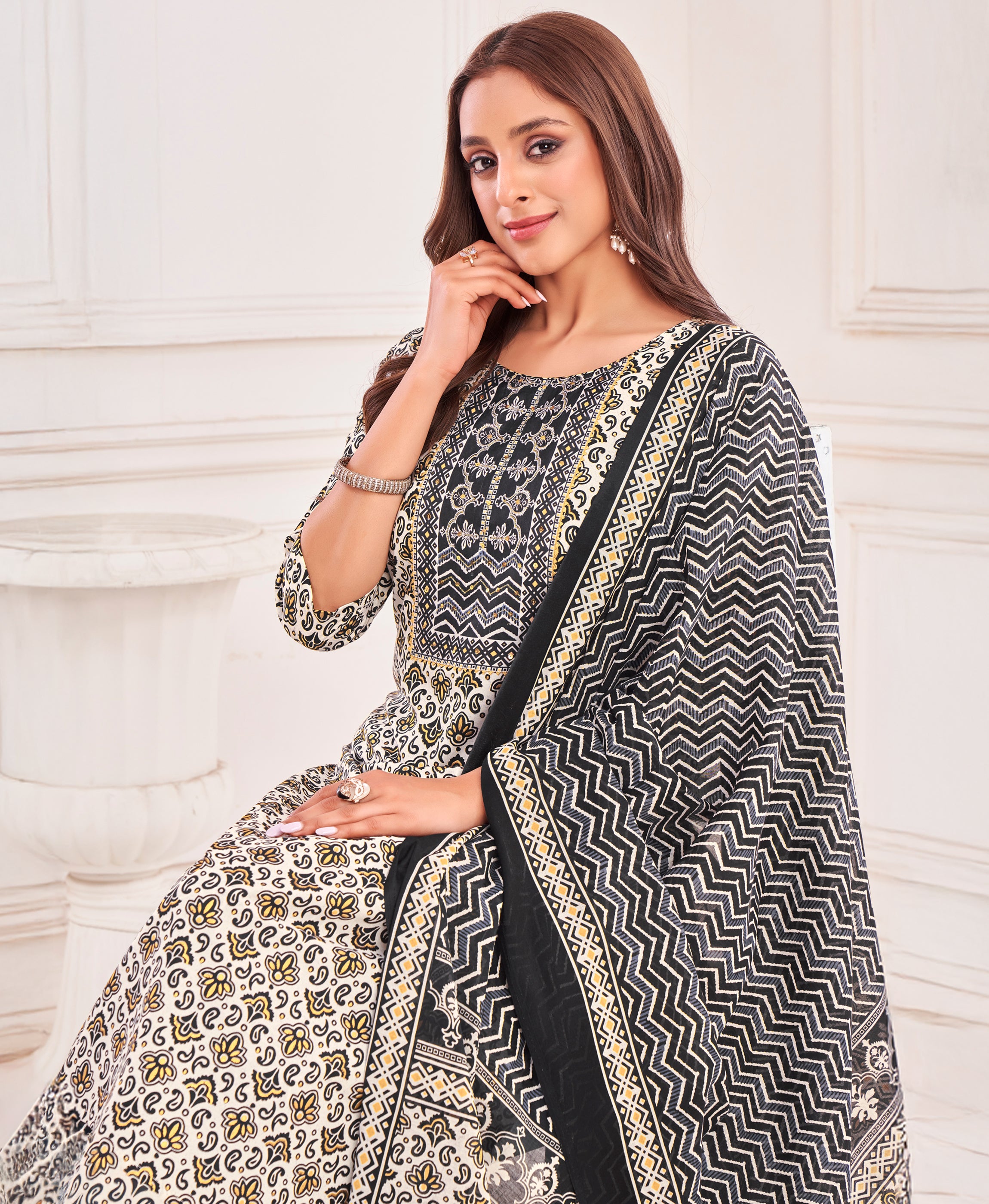 Her Couture Women's White Pure Cotton Geometric Straight Kurta With Afghani Salwar & Printed Dupatta