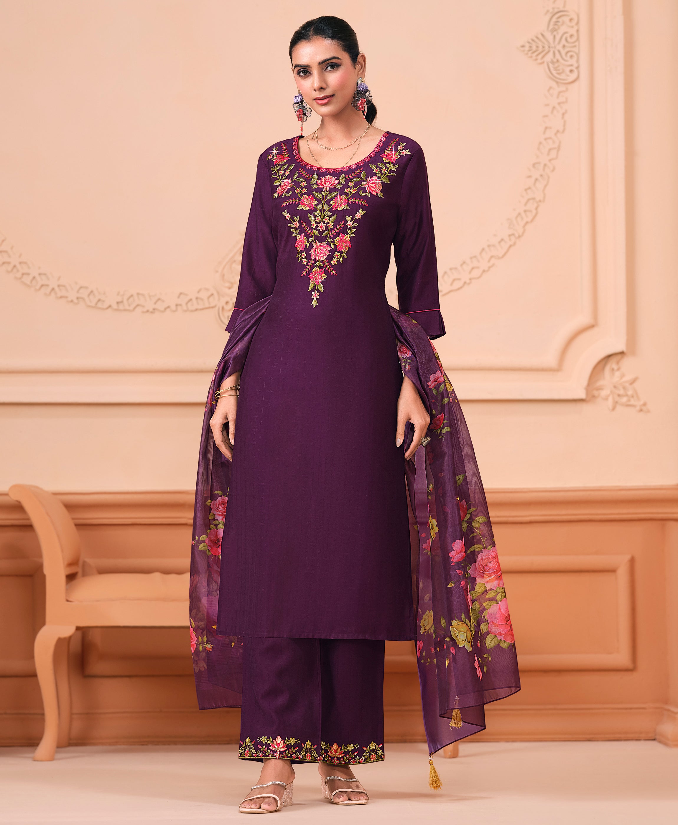 Purple Viscose Straight Festive & Party Kurta Set by Her Couture