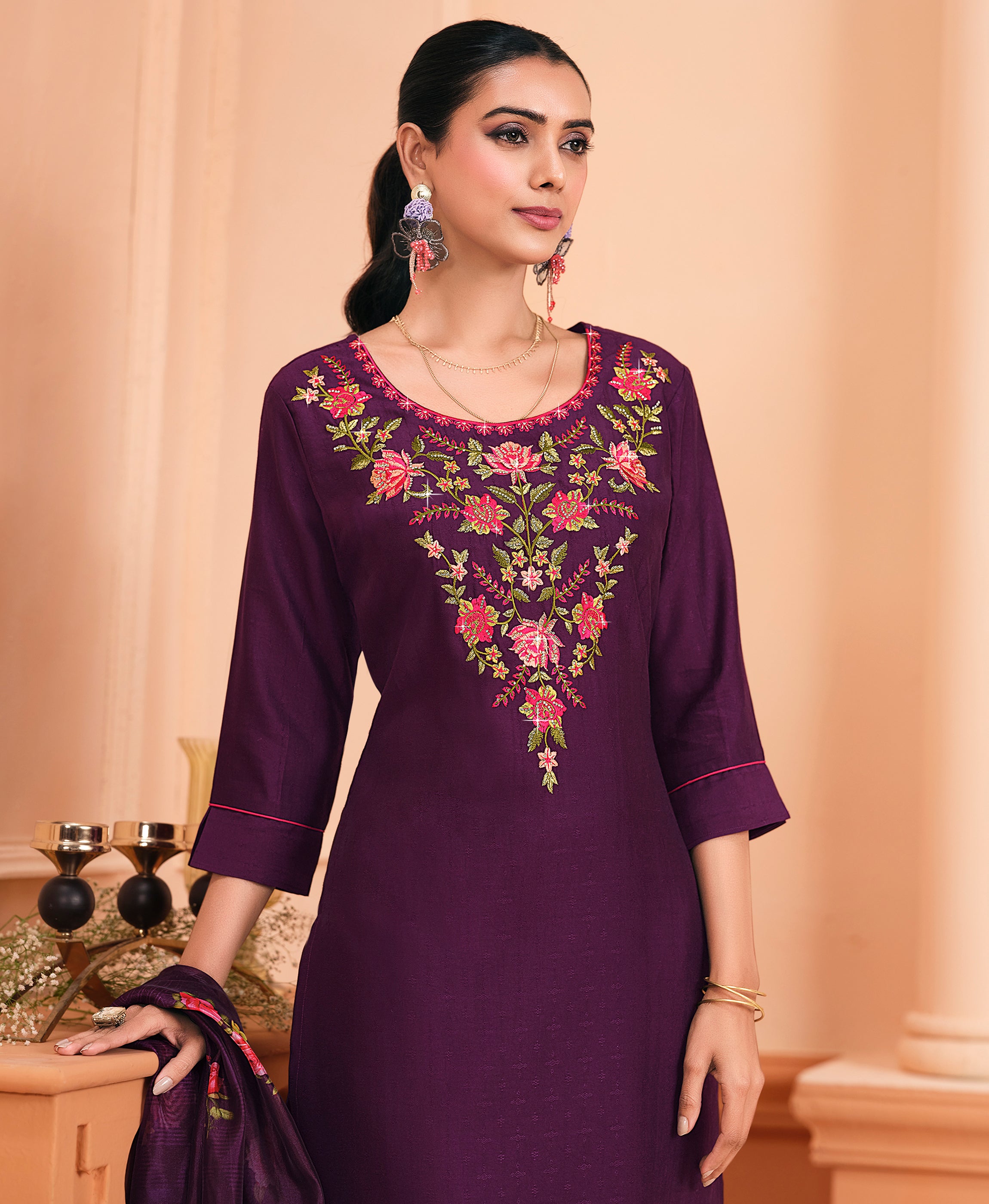 Her Couture Women's Purple Viscose Floral Embroidered Straight Kurta With Palazzo & Printed Dupatta