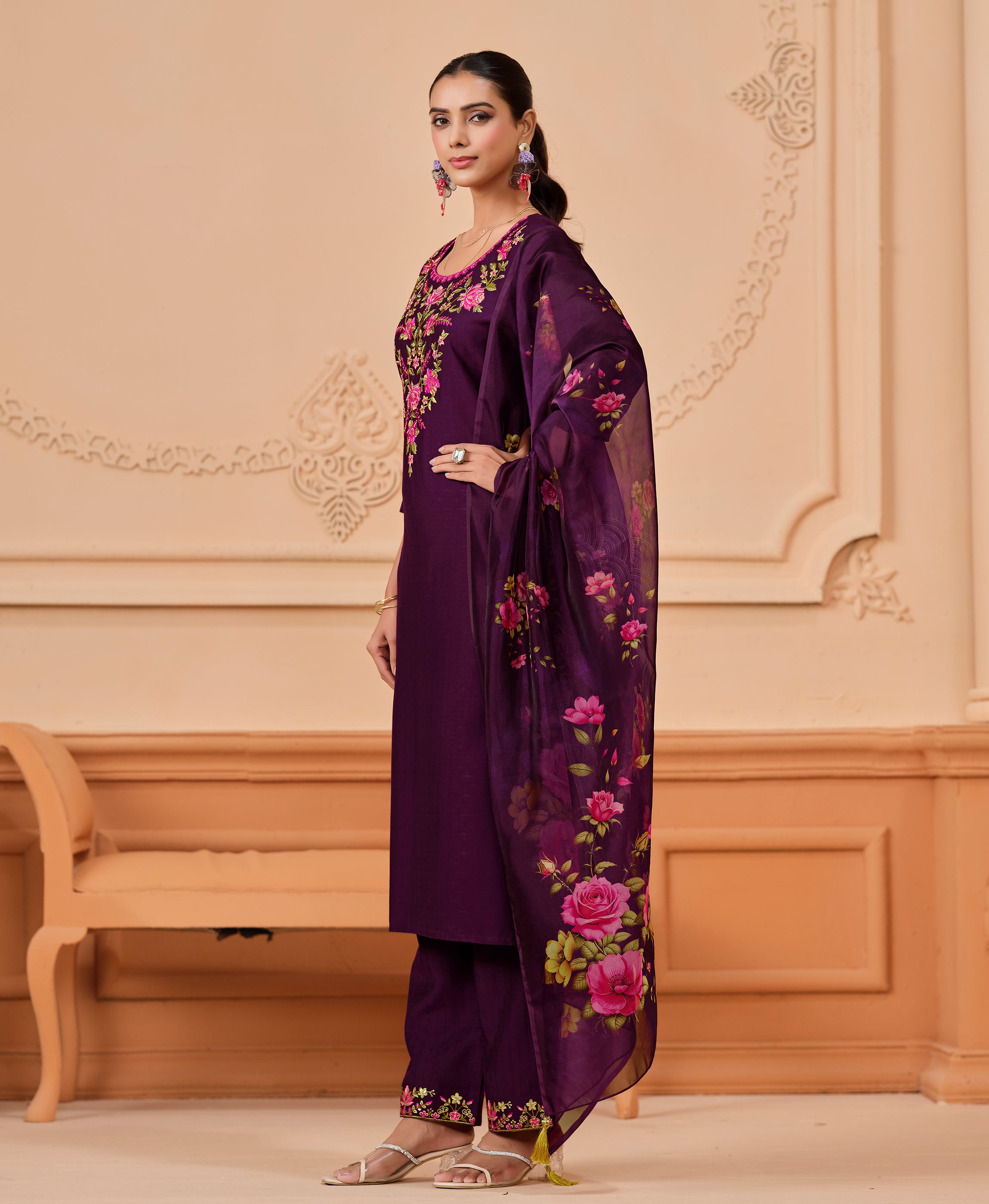 Her Couture Women's Purple Viscose Floral Embroidered Straight Kurta With Palazzo & Printed Dupatta
