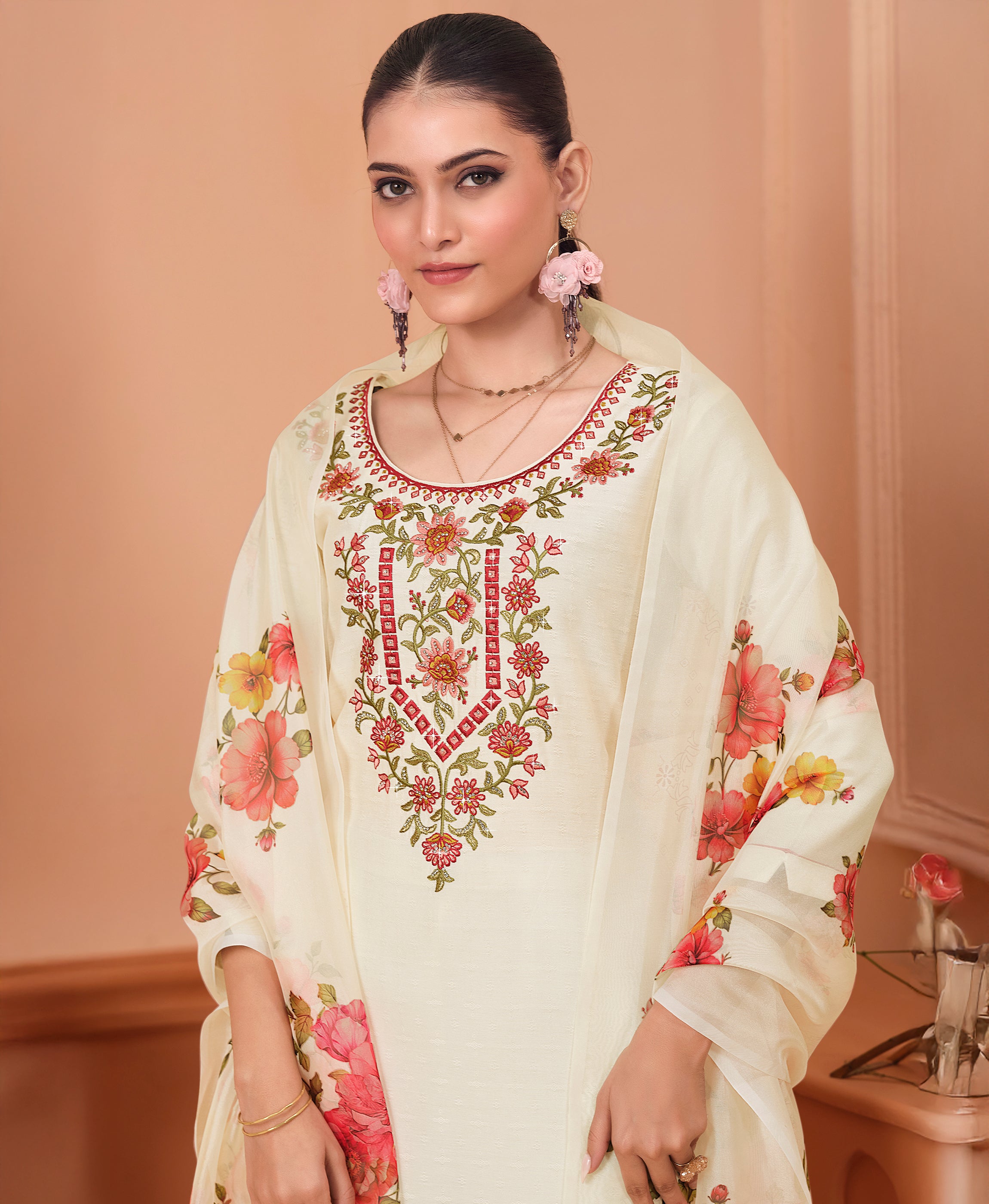 Her Couture Women's White Viscose Floral Embroidered Straight Kurta With Palazzo & Printed Dupatta