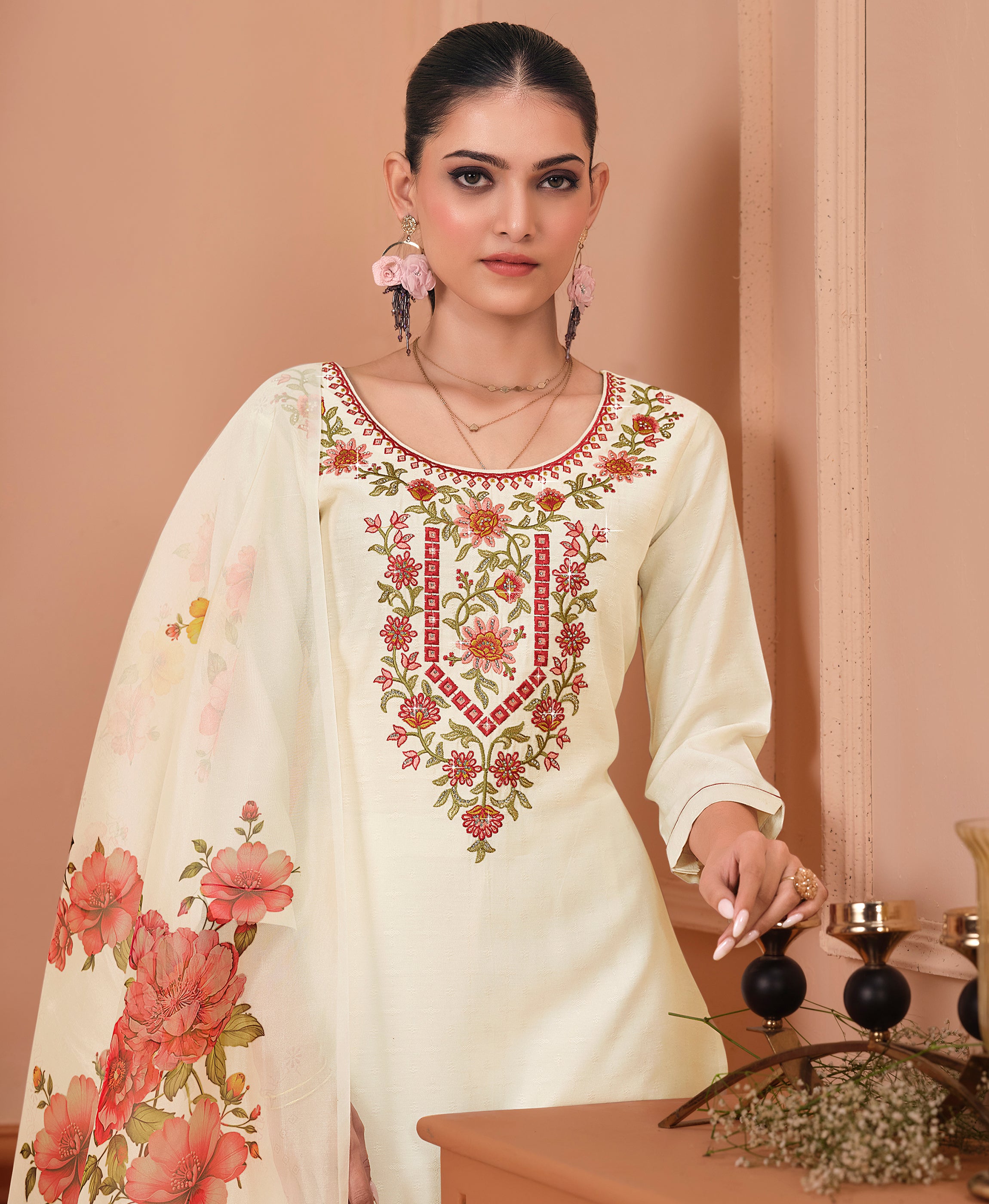 Her Couture Women's White Viscose Floral Embroidered Straight Kurta With Palazzo & Printed Dupatta