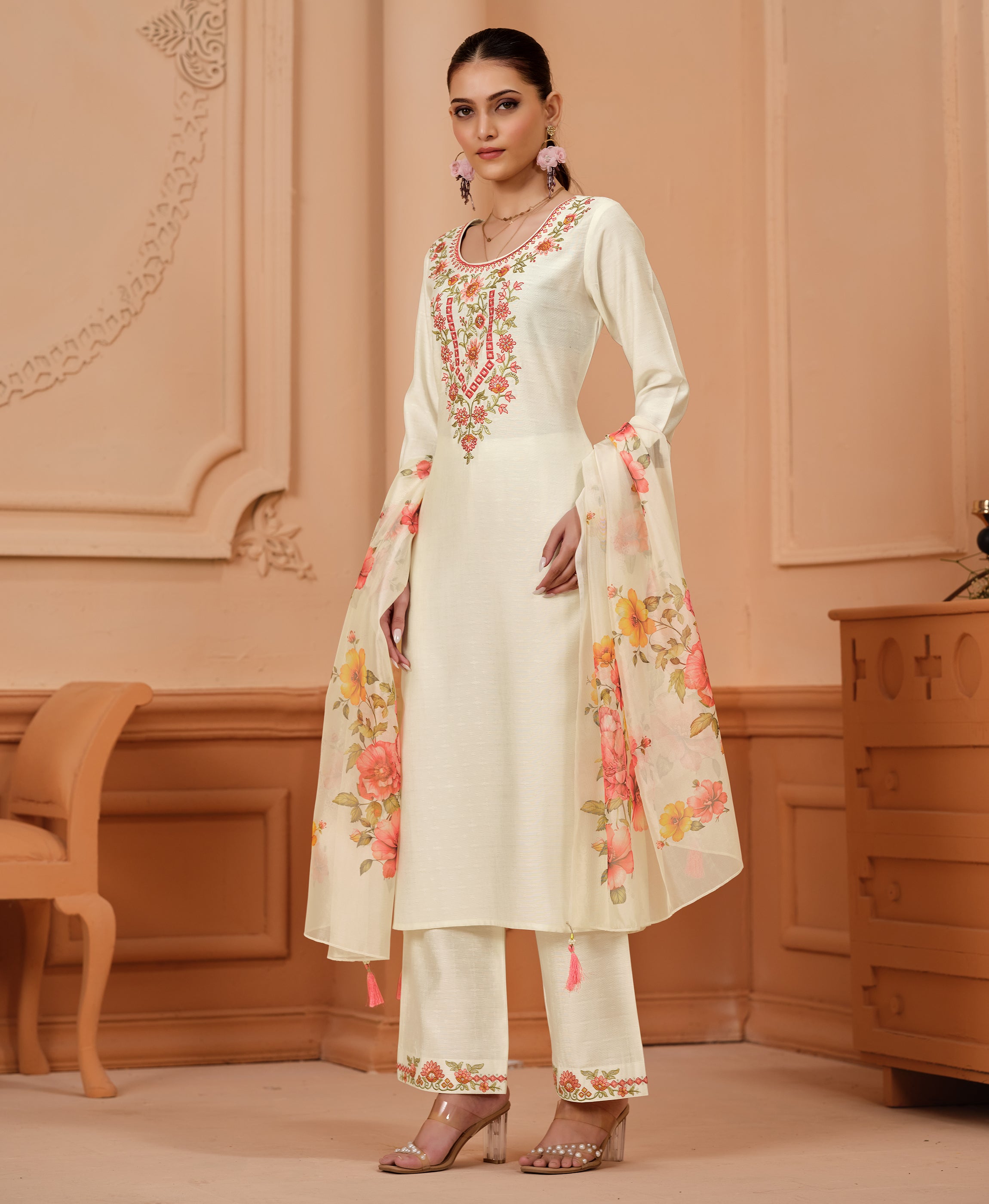 Her Couture Women's White Viscose Floral Embroidered Straight Kurta With Palazzo & Printed Dupatta