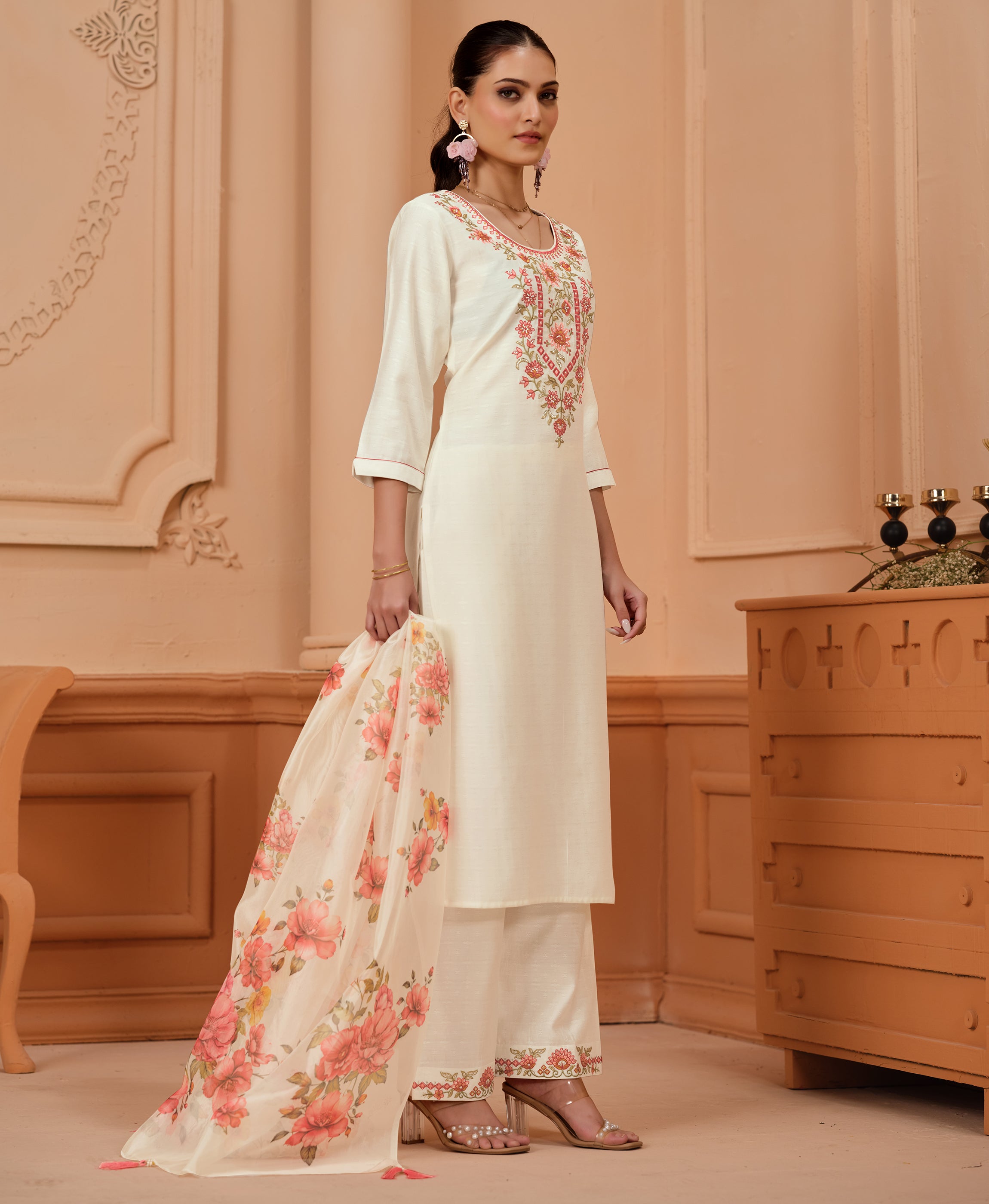 Her Couture Women's White Viscose Floral Embroidered Straight Kurta With Palazzo & Printed Dupatta