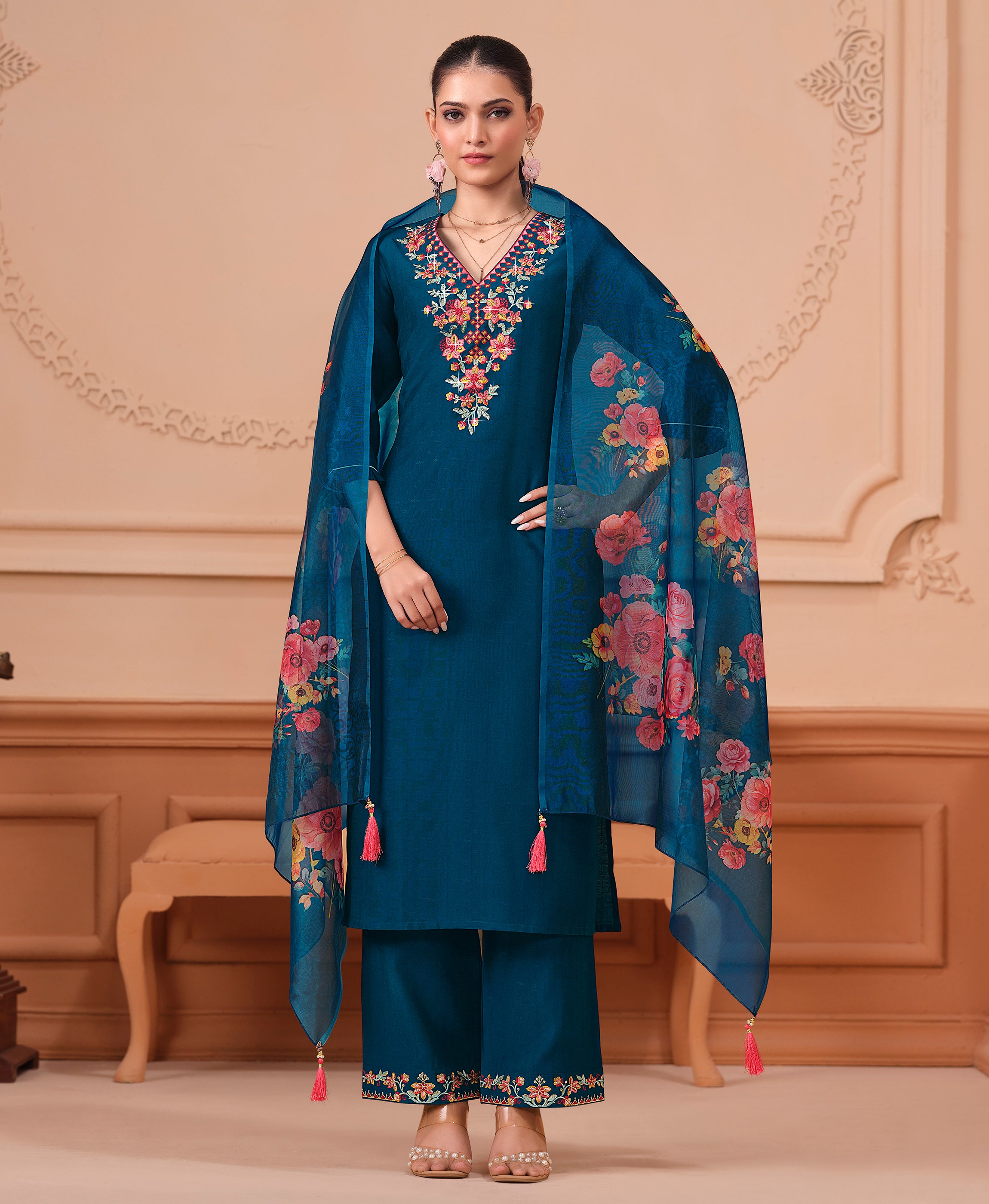 Teal Blue Viscose Straight Festive & Party Kurta Set by Her Couture