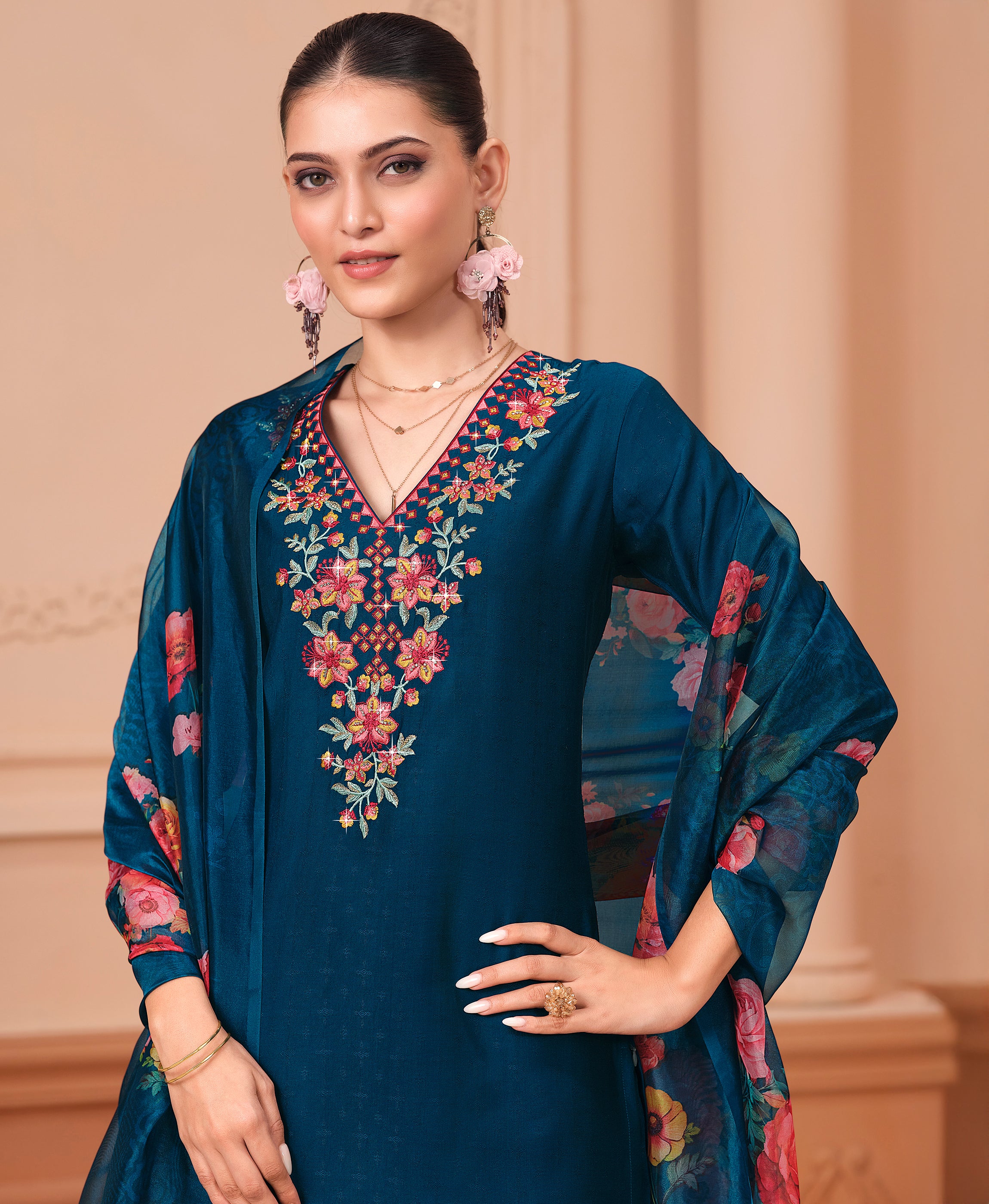 Her Couture Women's Teal Blue Viscose Floral Embroidered Straight Kurta With Palazzo & Printed Dupatta