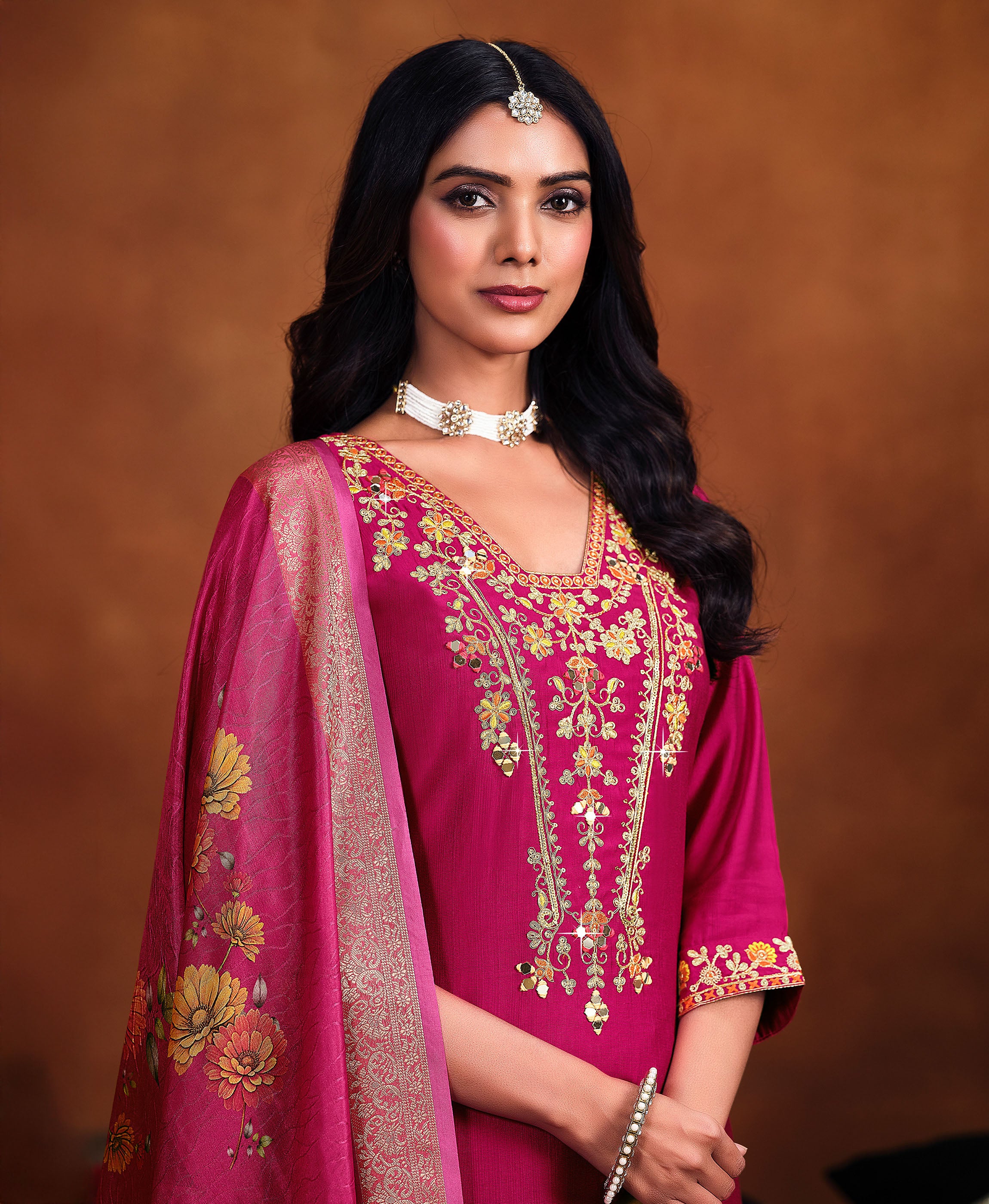 Her Couture Women's Pink Viscose Floral Embroidered Straight Kurta With Afghani Salwar & Printed Dupatta