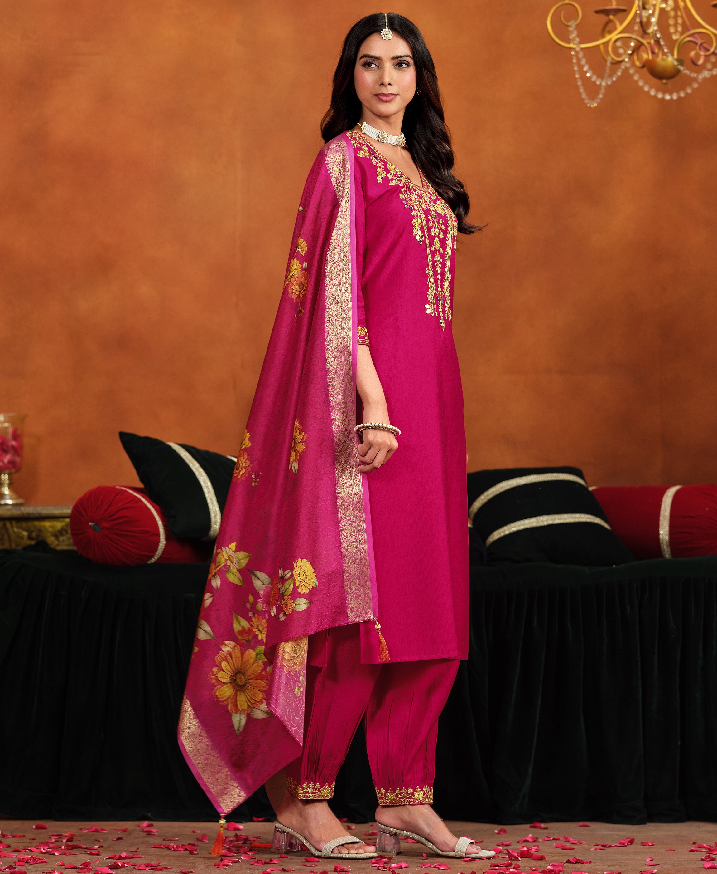 Her Couture Women's Pink Viscose Floral Embroidered Straight Kurta With Afghani Salwar & Printed Dupatta