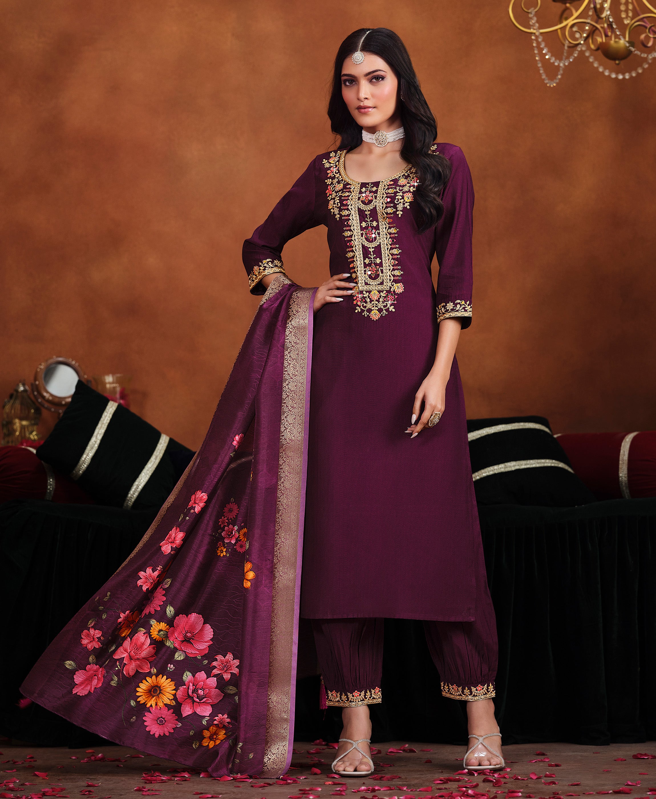 Wine Viscose Straight Festive & Party Kurta Set by Her Couture