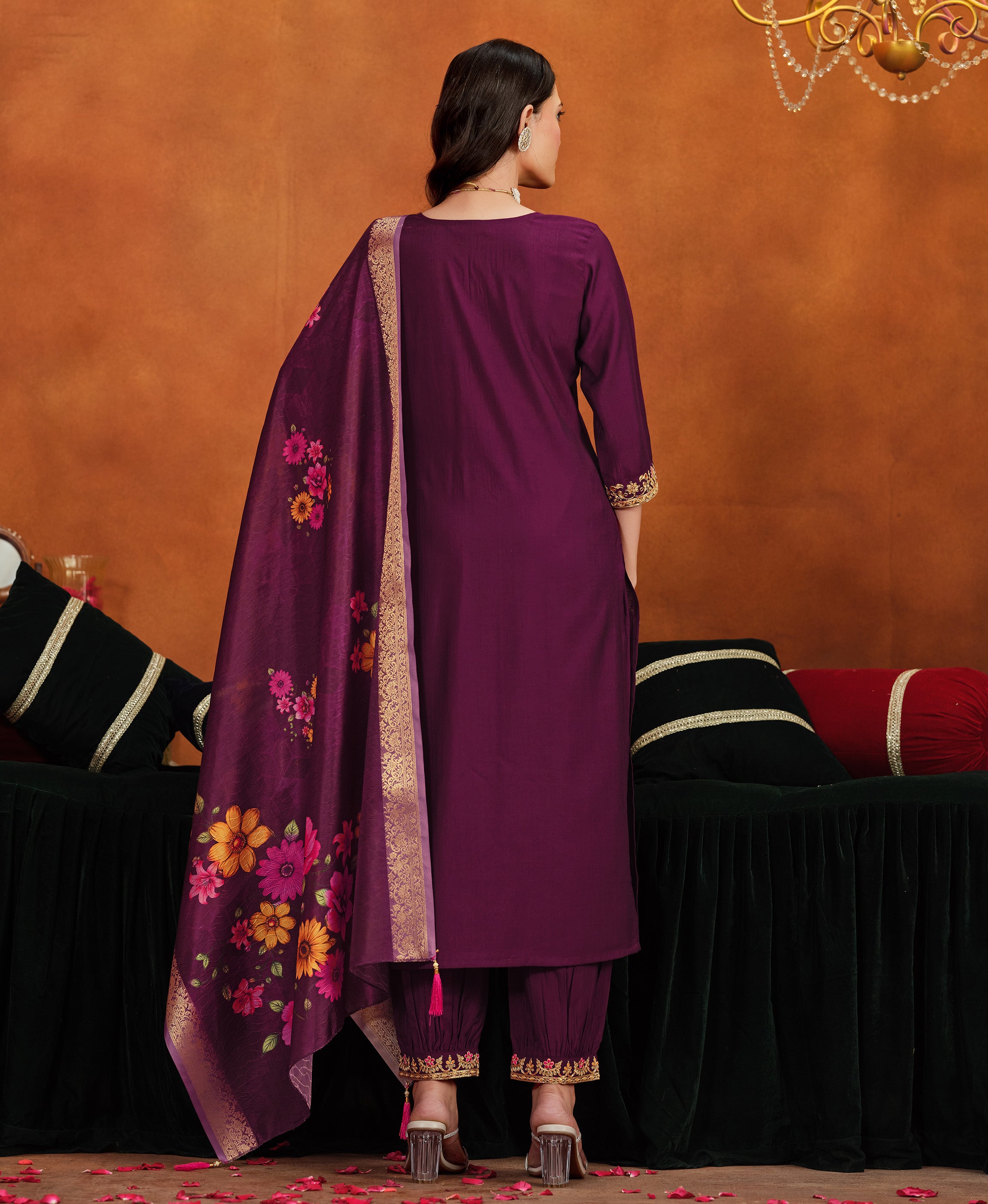 Her Couture Women's Wine Viscose Floral Embroidered Straight Kurta With Afghani Salwar & Printed Dupatta
