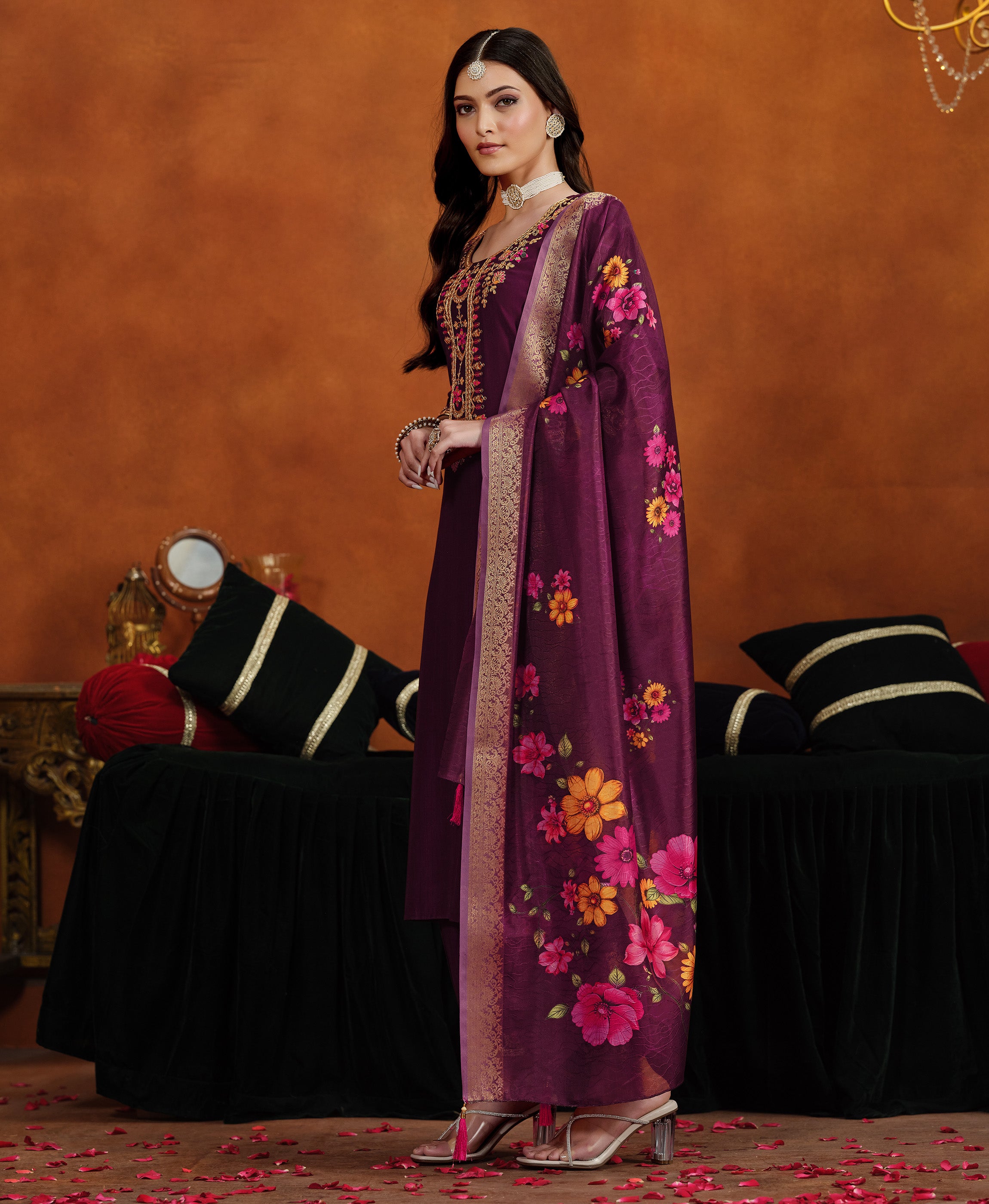 Her Couture Women's Wine Viscose Floral Embroidered Straight Kurta With Afghani Salwar & Printed Dupatta