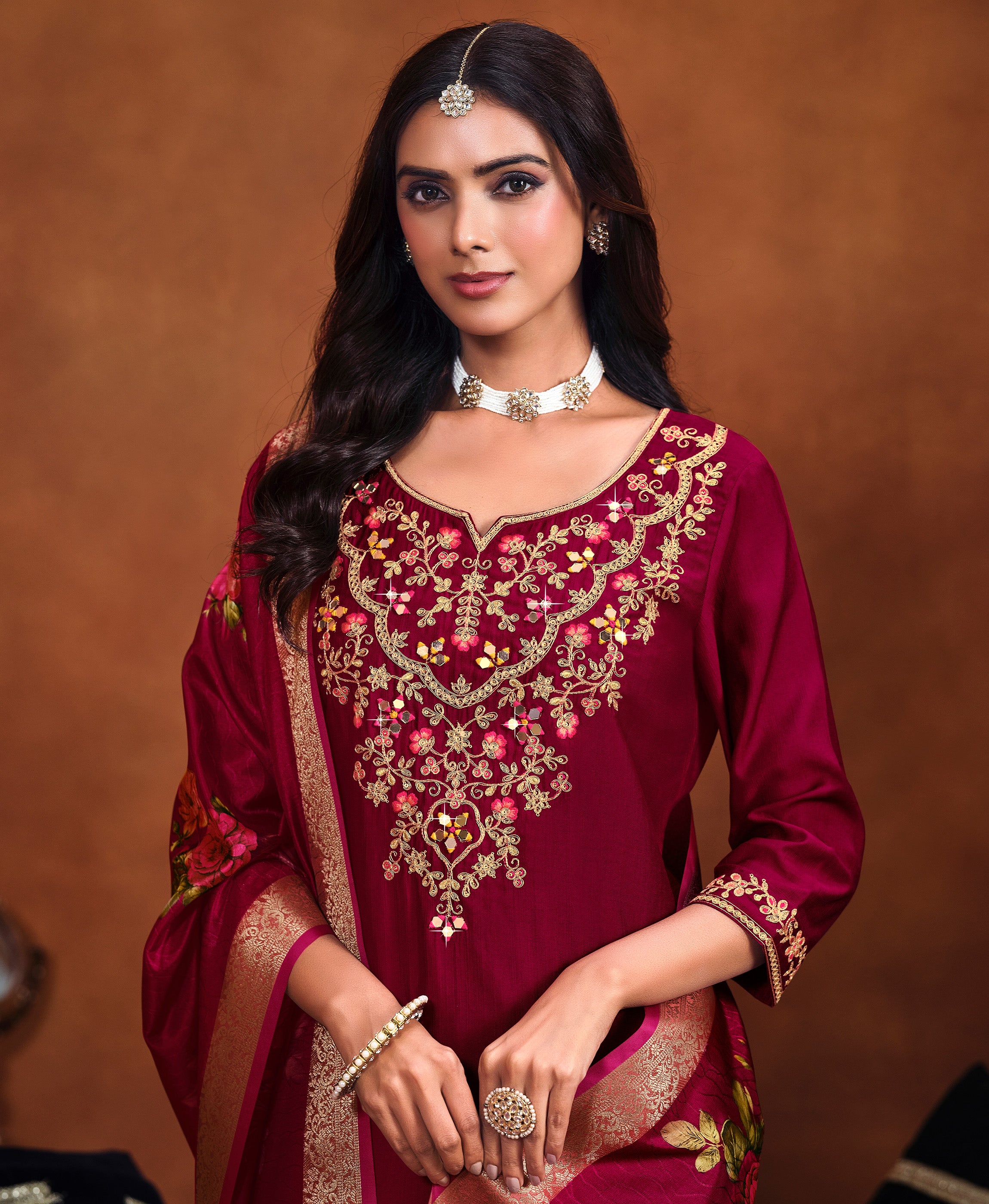Her Couture Women's Maroon Viscose Floral Embroidered Straight Kurta With Afghani Salwar & Printed Dupatta