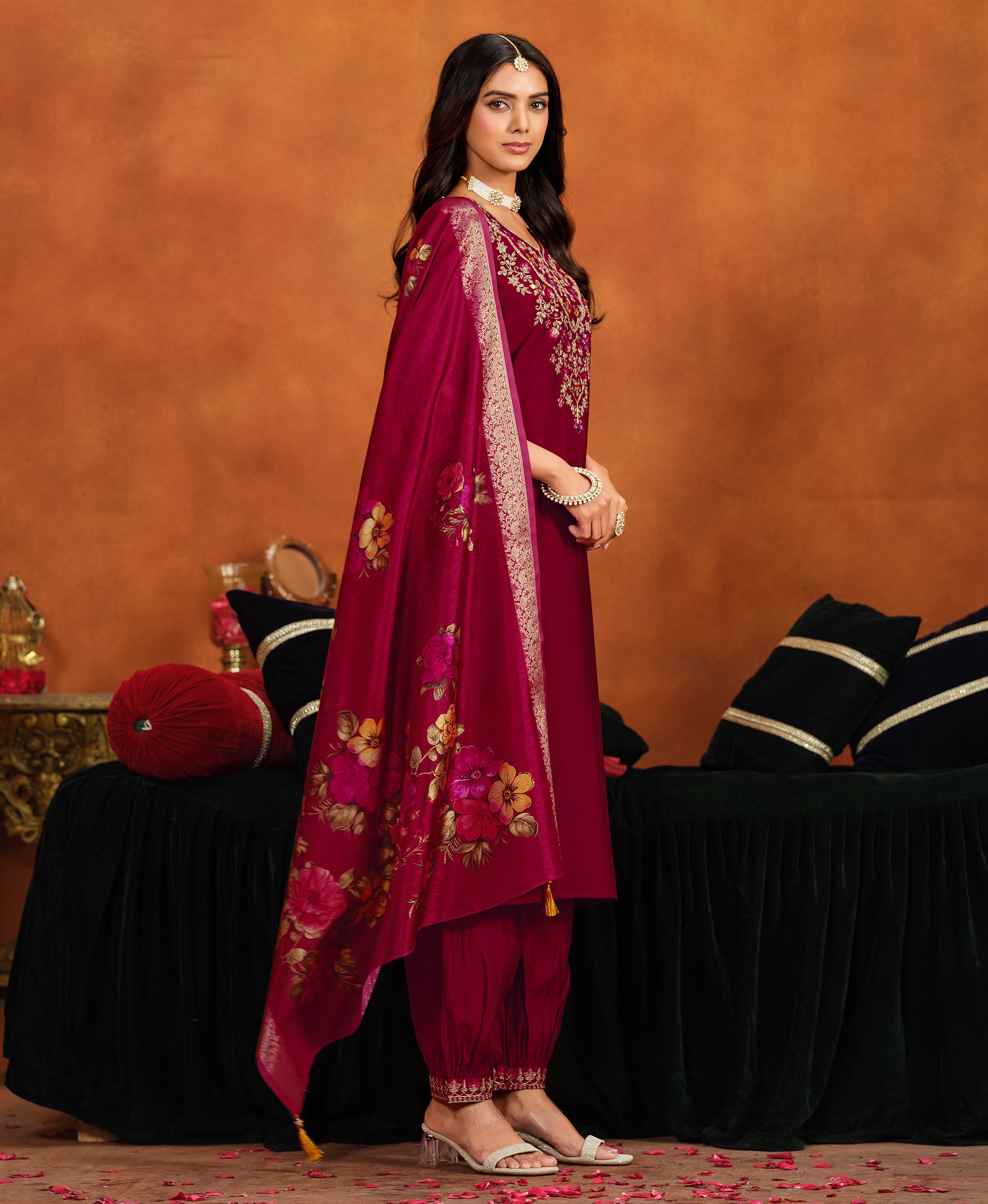 Her Couture Women's Maroon Viscose Floral Embroidered Straight Kurta With Afghani Salwar & Printed Dupatta