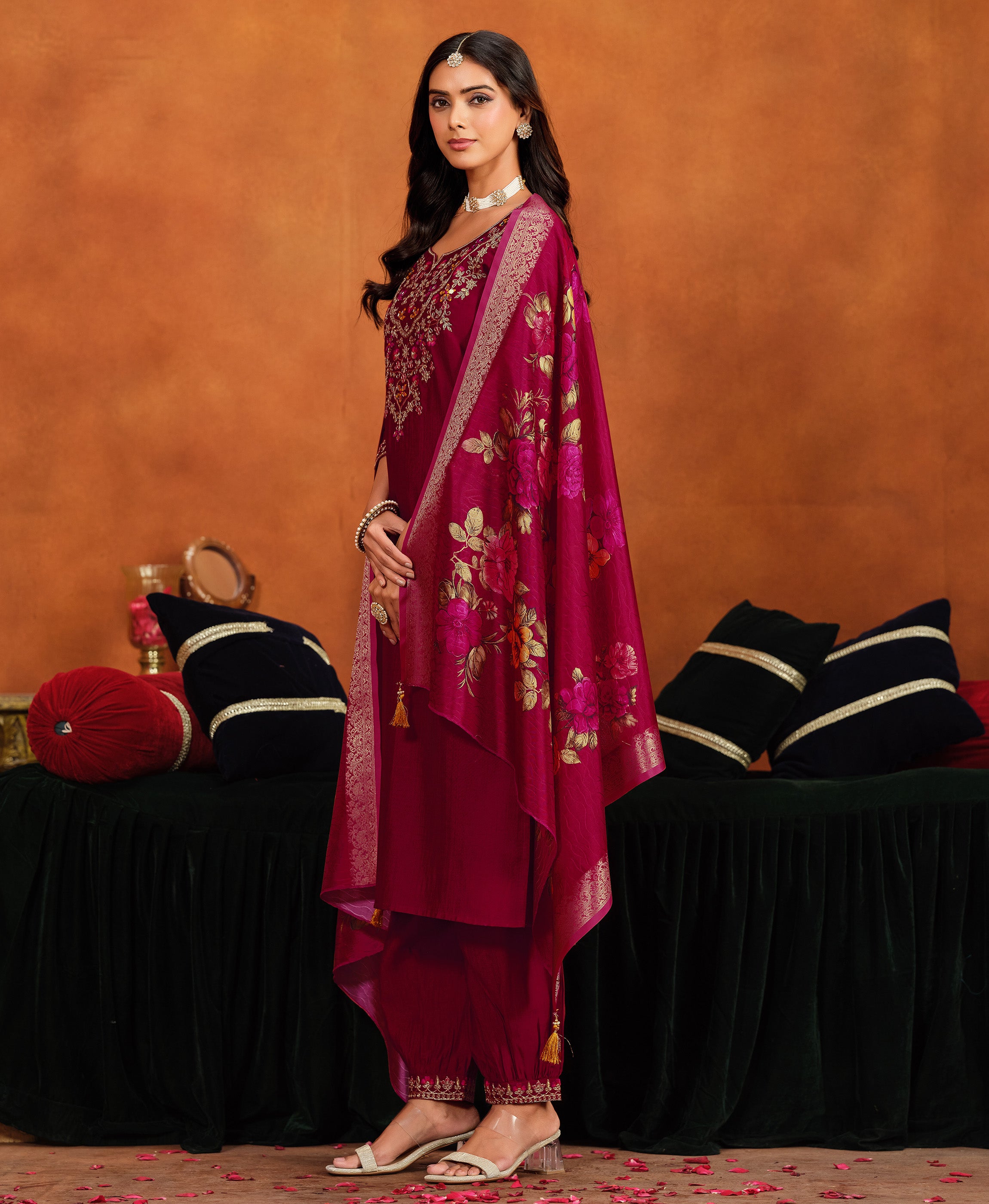 Her Couture Women's Maroon Viscose Floral Embroidered Straight Kurta With Afghani Salwar & Printed Dupatta