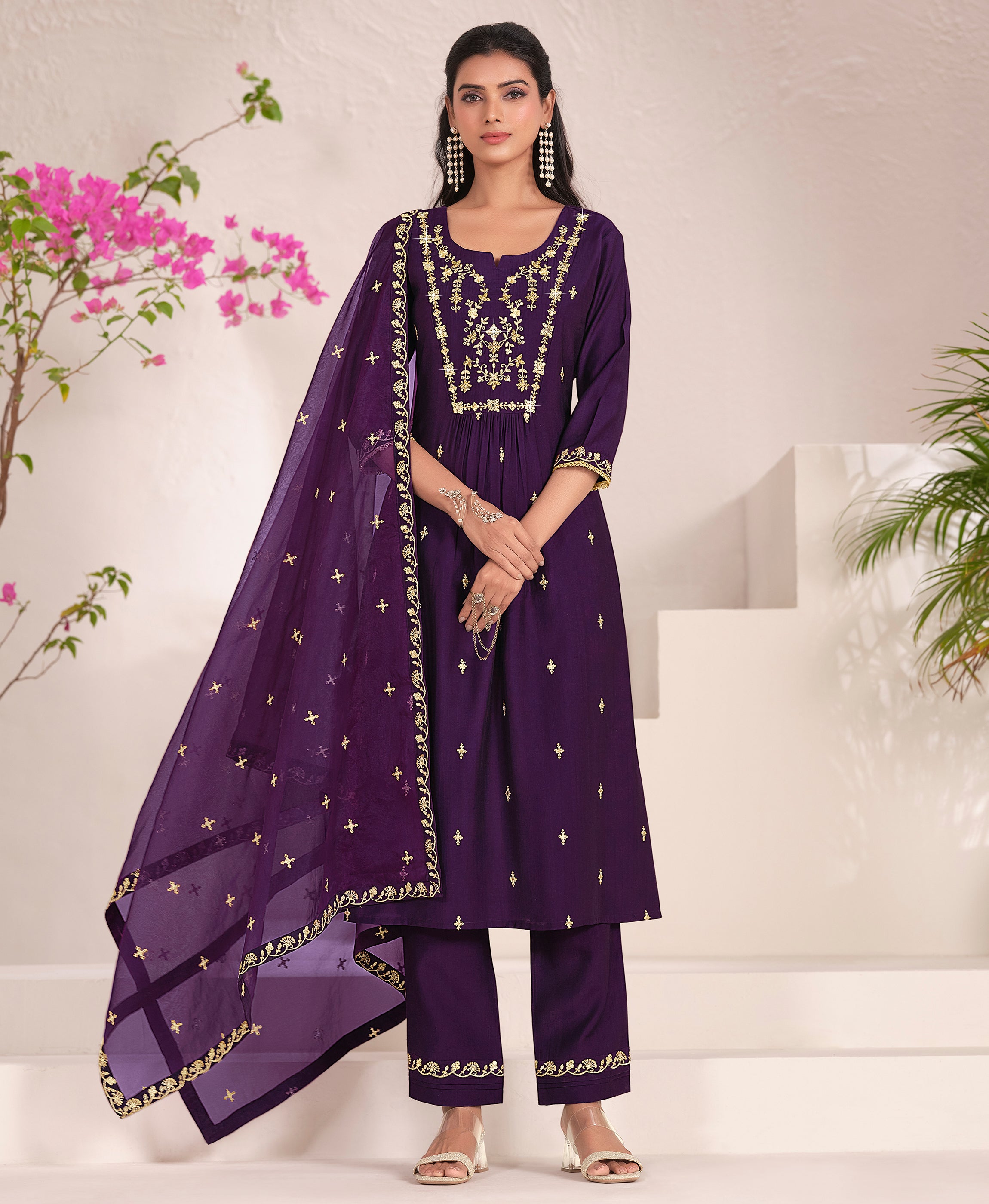 Wine Viscose Flared Festive & Party Kurta Set by Her Couture