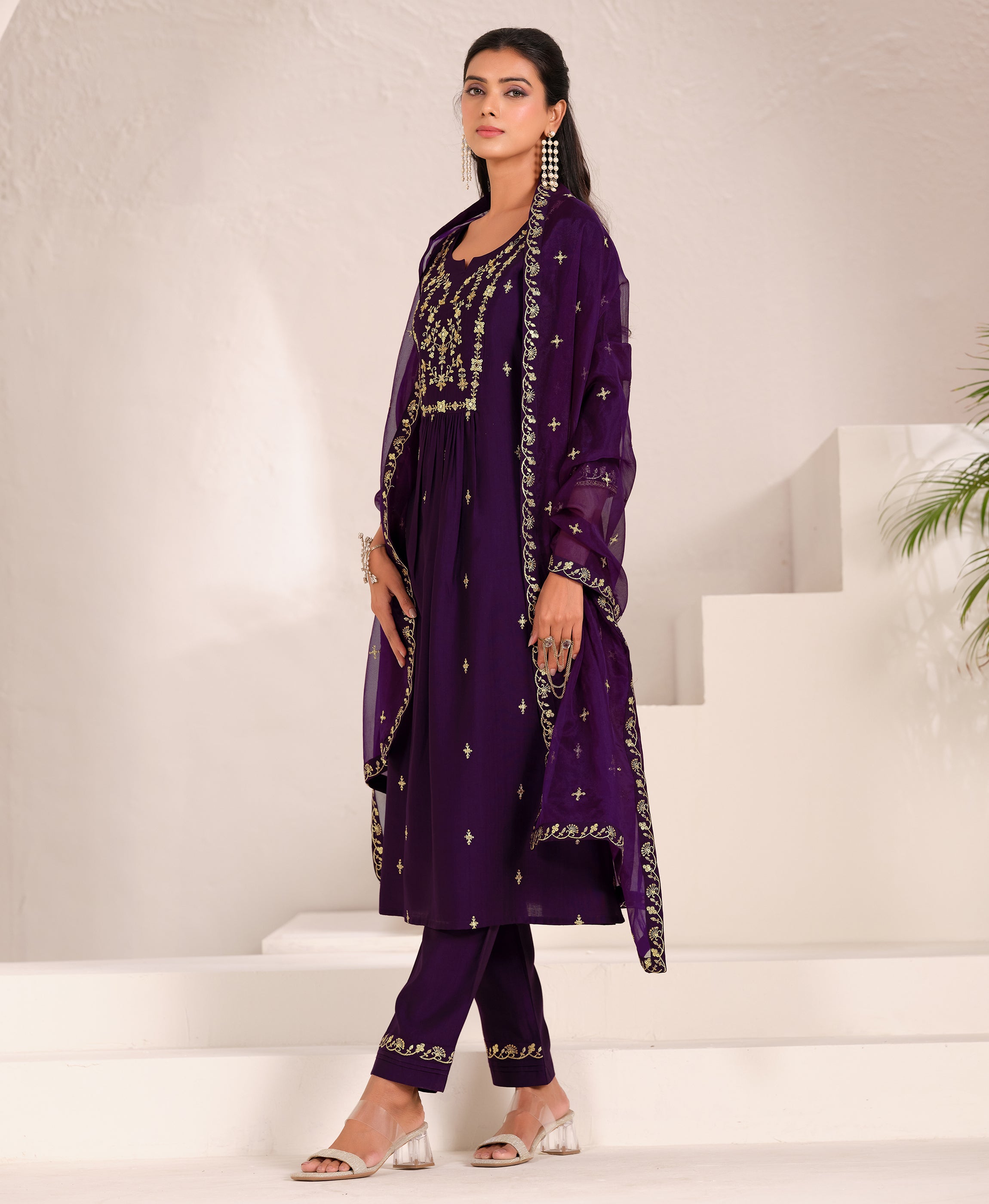 Her Couture Women's Wine Viscose Floral Embroidered Flared Kurta With Pant & Printed Dupatta
