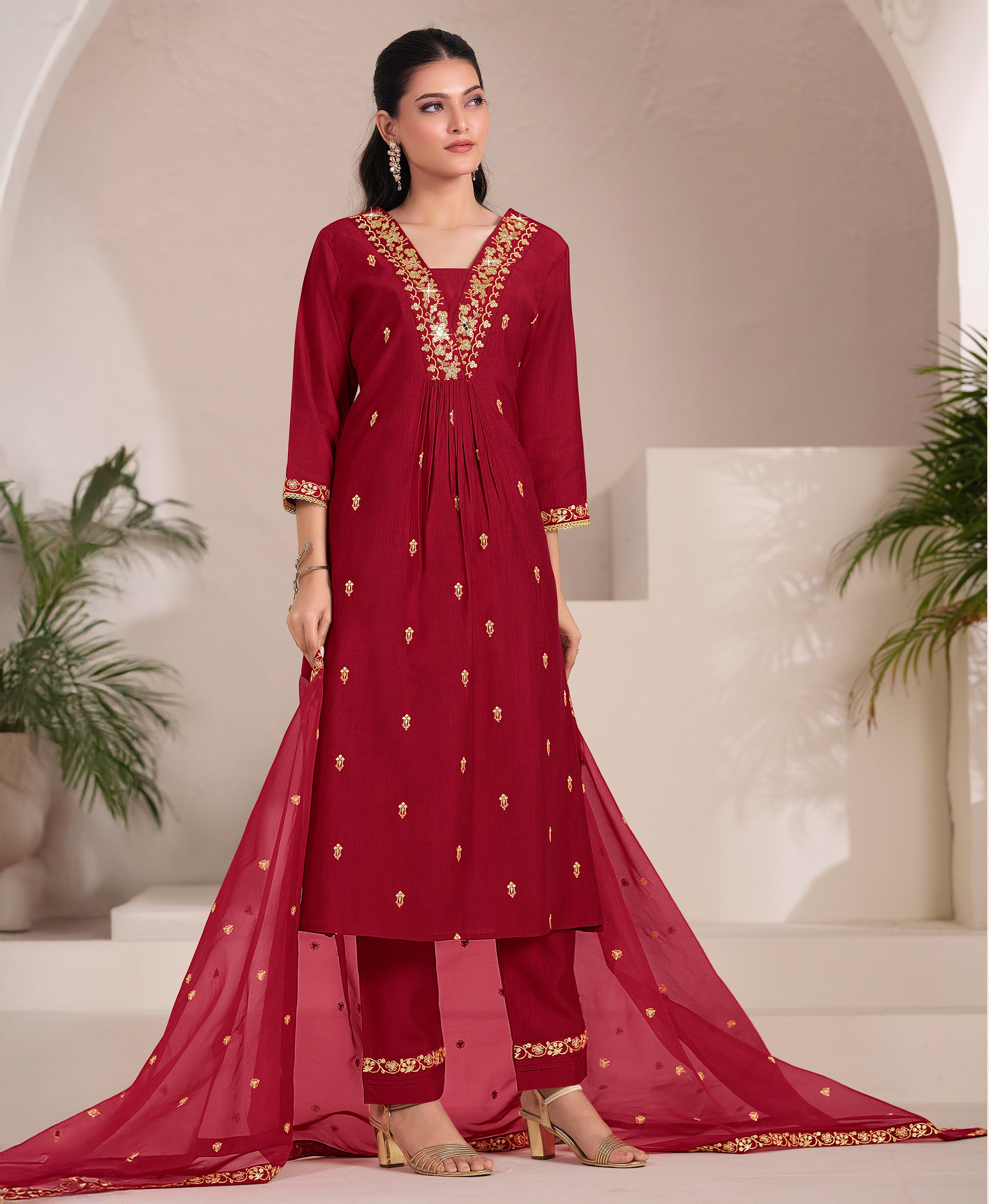 Her Couture Women's Maroon Viscose Floral Embroidered Flared Kurta With Pant & Printed Dupatta