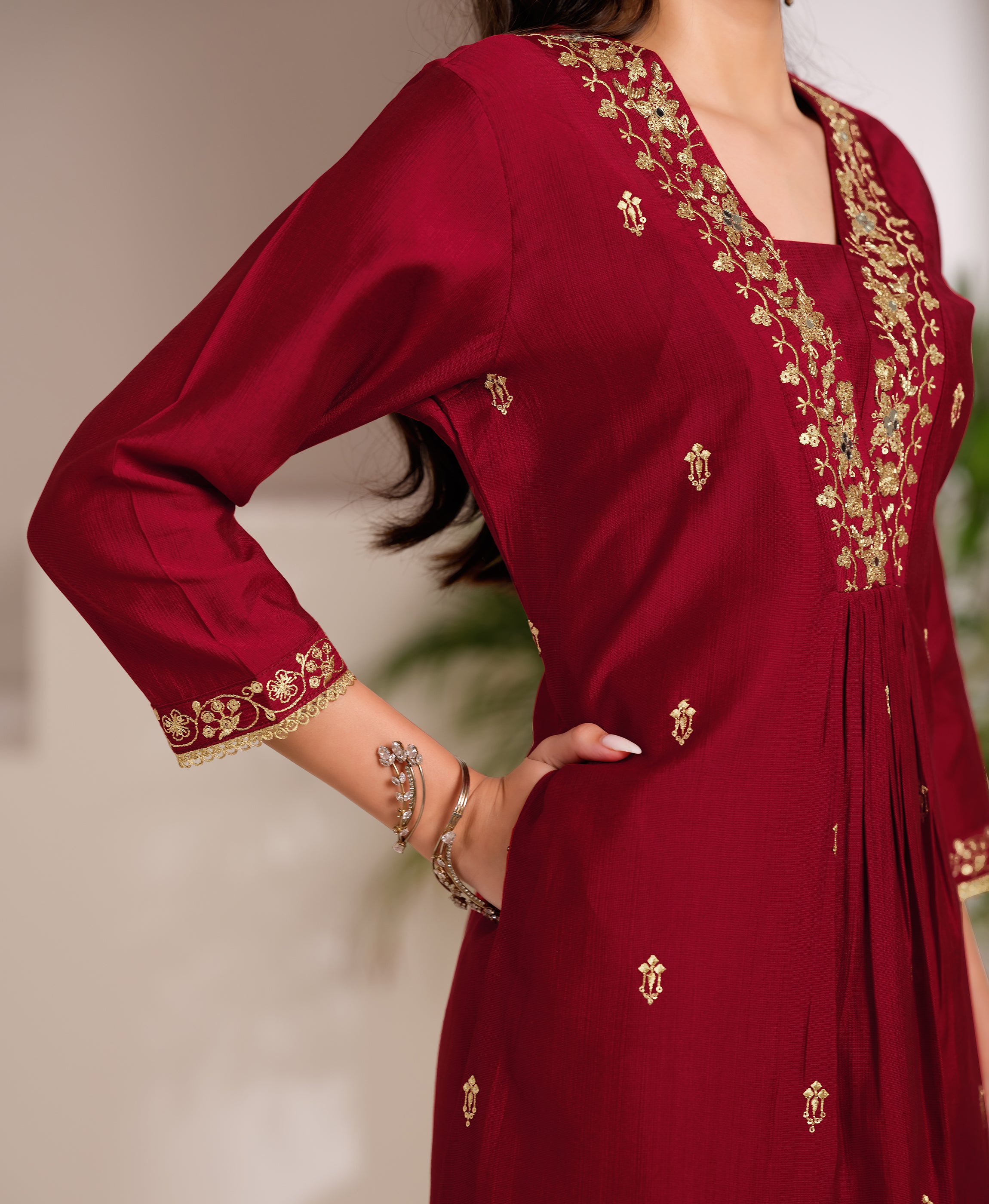 Her Couture Women's Maroon Viscose Floral Embroidered Flared Kurta With Pant & Printed Dupatta