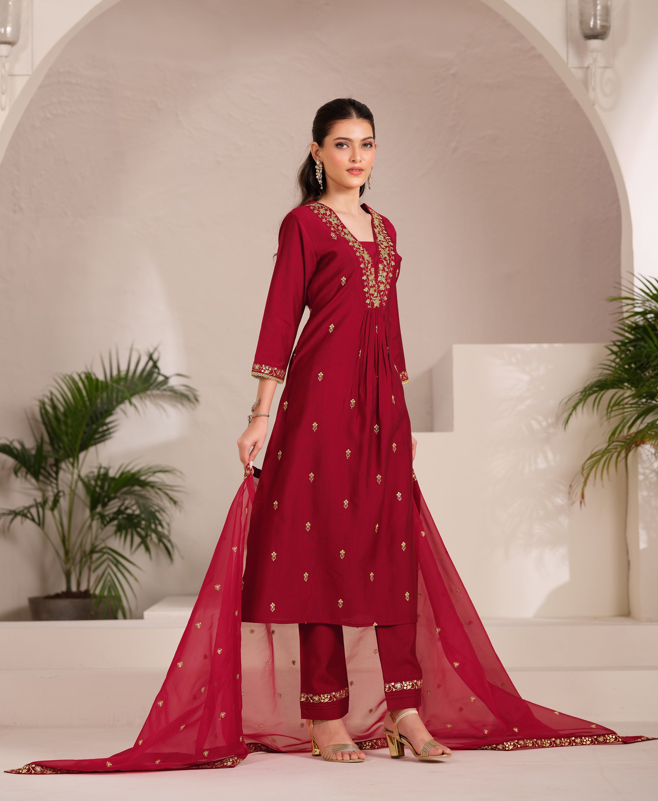 Her Couture Women's Maroon Viscose Floral Embroidered Flared Kurta With Pant & Printed Dupatta