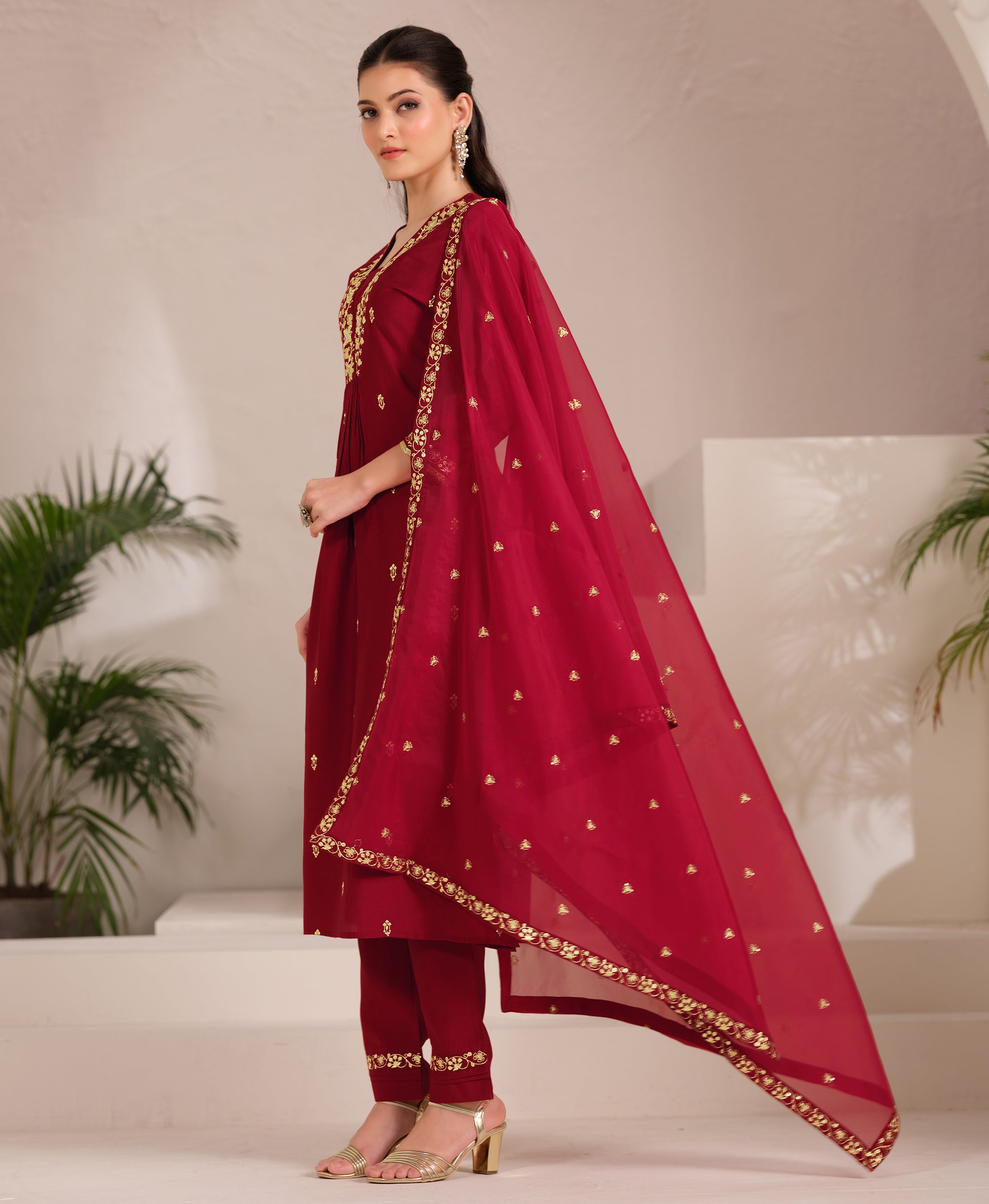 Her Couture Women's Maroon Viscose Floral Embroidered Flared Kurta With Pant & Printed Dupatta