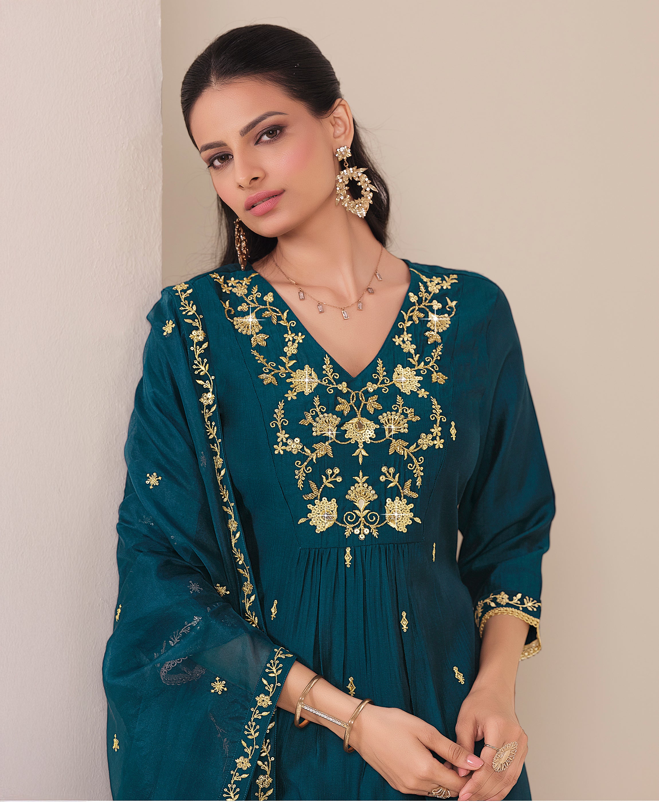 Her Couture Women's Teal Viscose Floral Embroidered Flared Kurta With Pant & Printed Dupatta