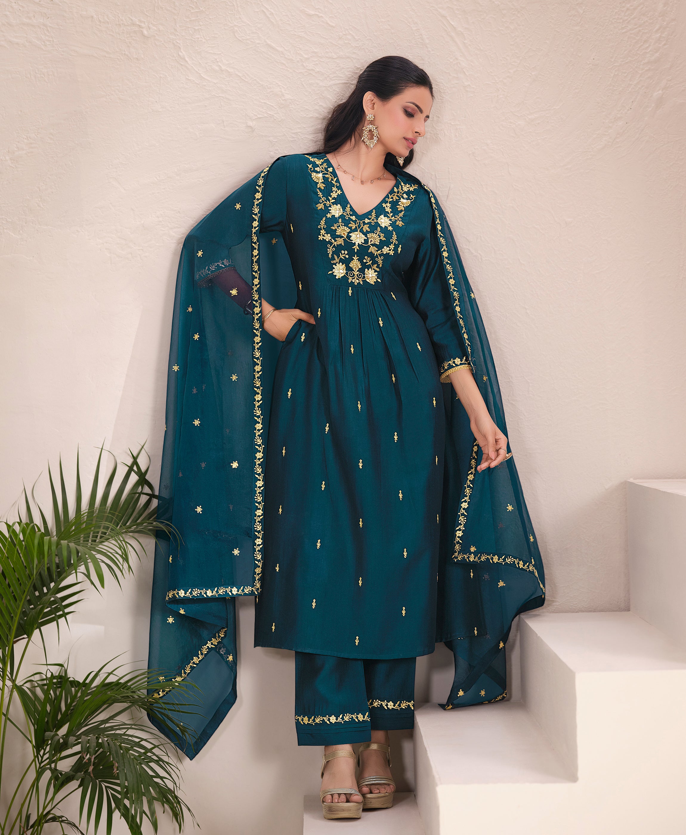 Her Couture Women's Teal Viscose Floral Embroidered Flared Kurta With Pant & Printed Dupatta
