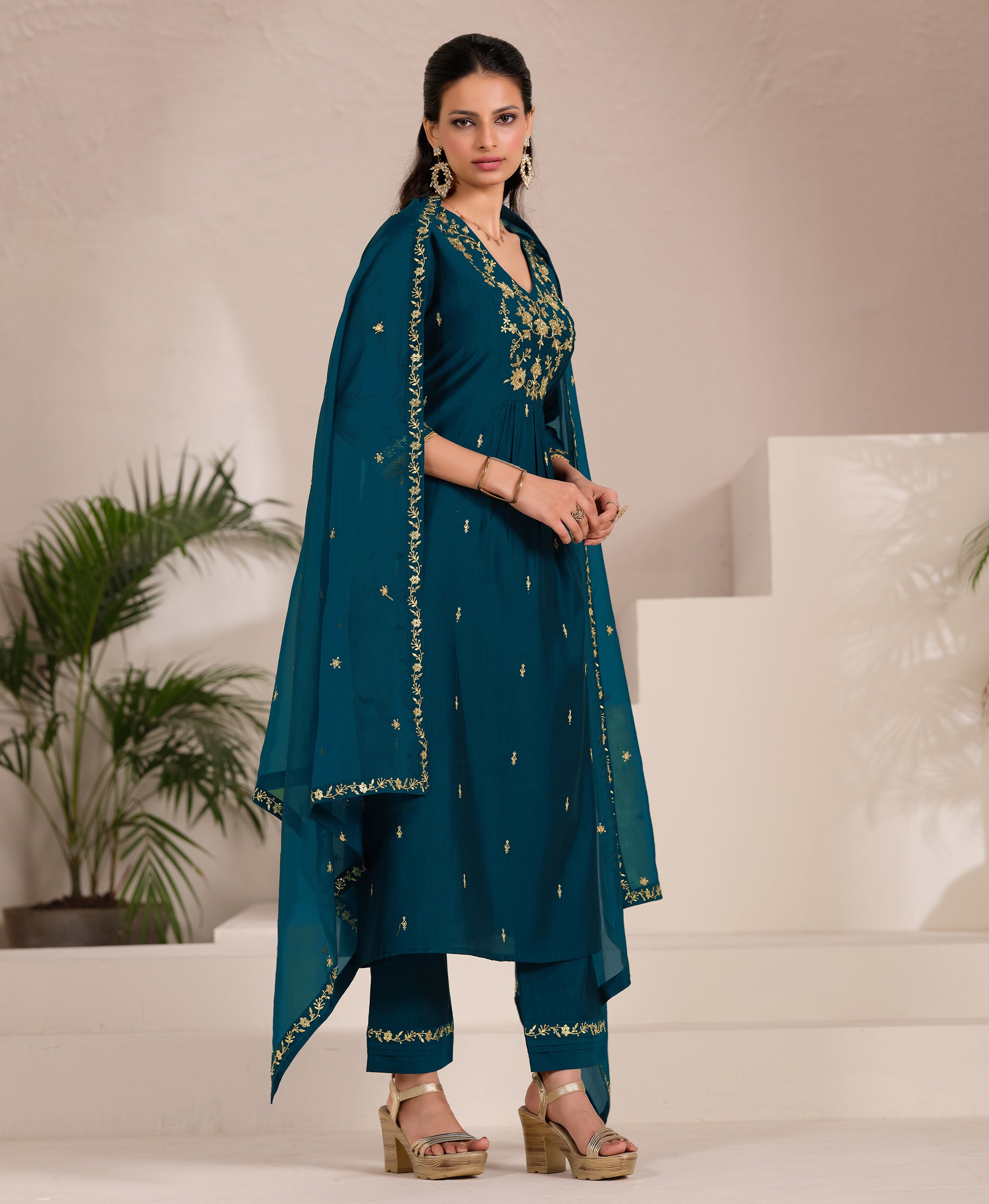 Her Couture Women's Teal Viscose Floral Embroidered Flared Kurta With Pant & Printed Dupatta