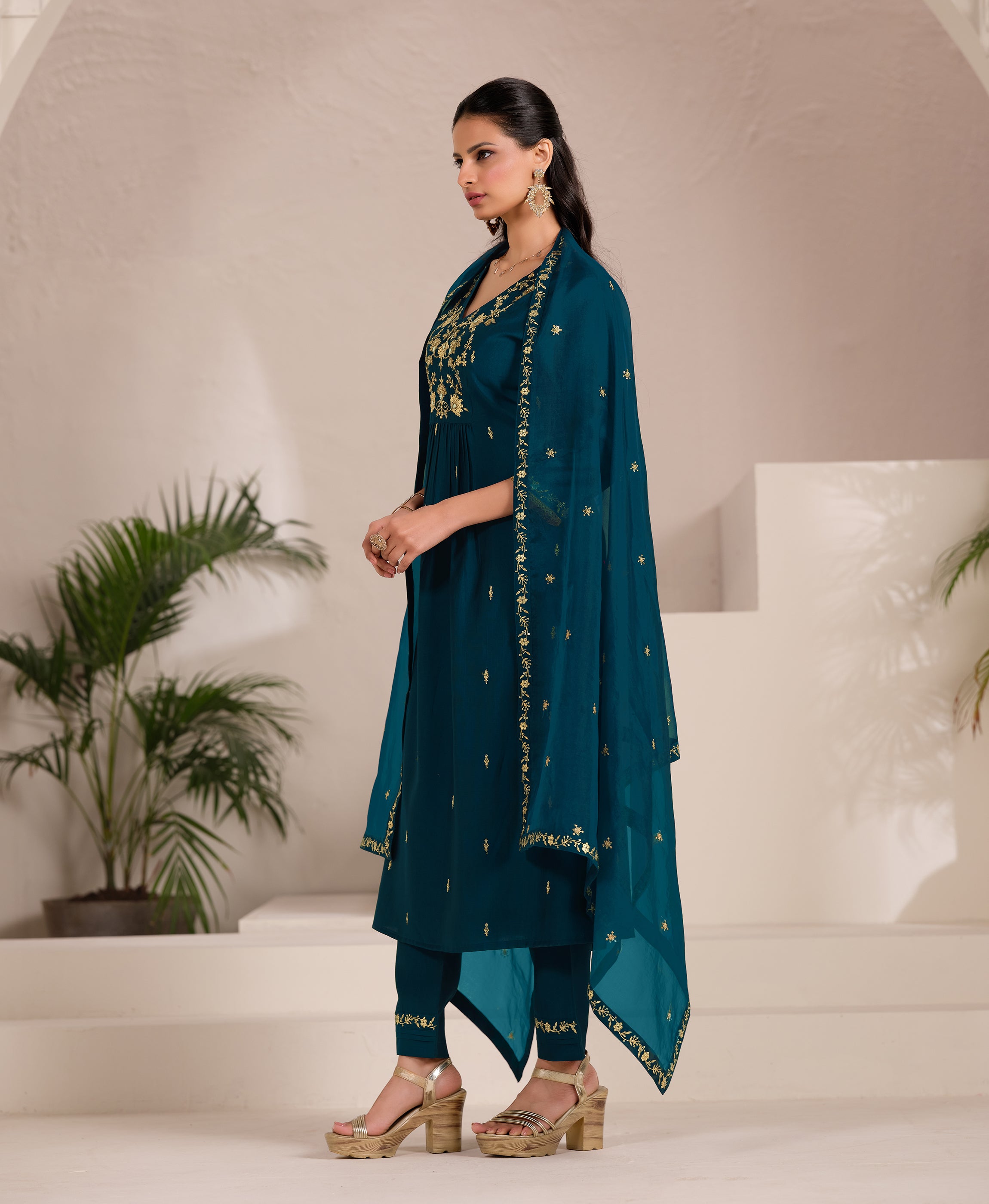 Her Couture Women's Teal Viscose Floral Embroidered Flared Kurta With Pant & Printed Dupatta