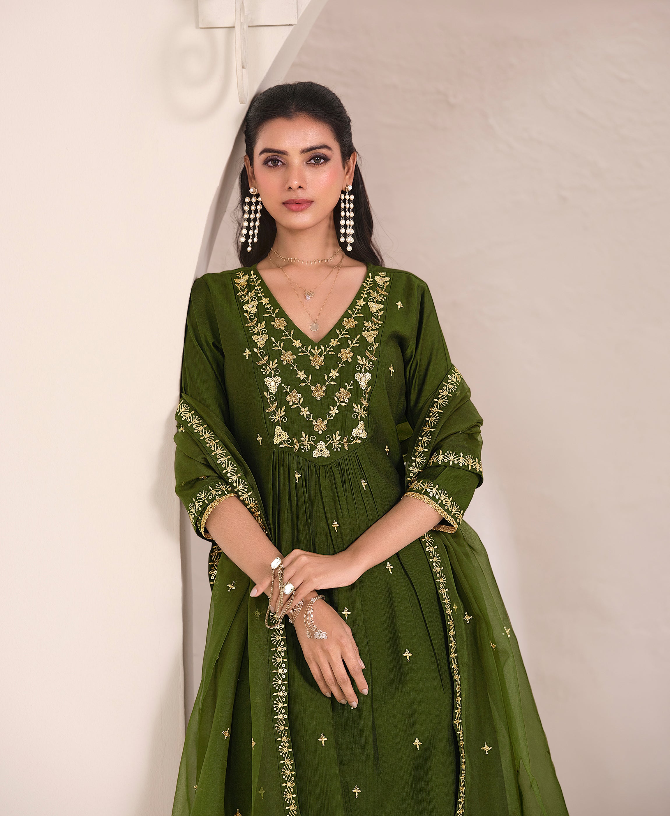 Her Couture Women's Green Viscose Floral Embroidered Flared Kurta With Pant & Printed Dupatta