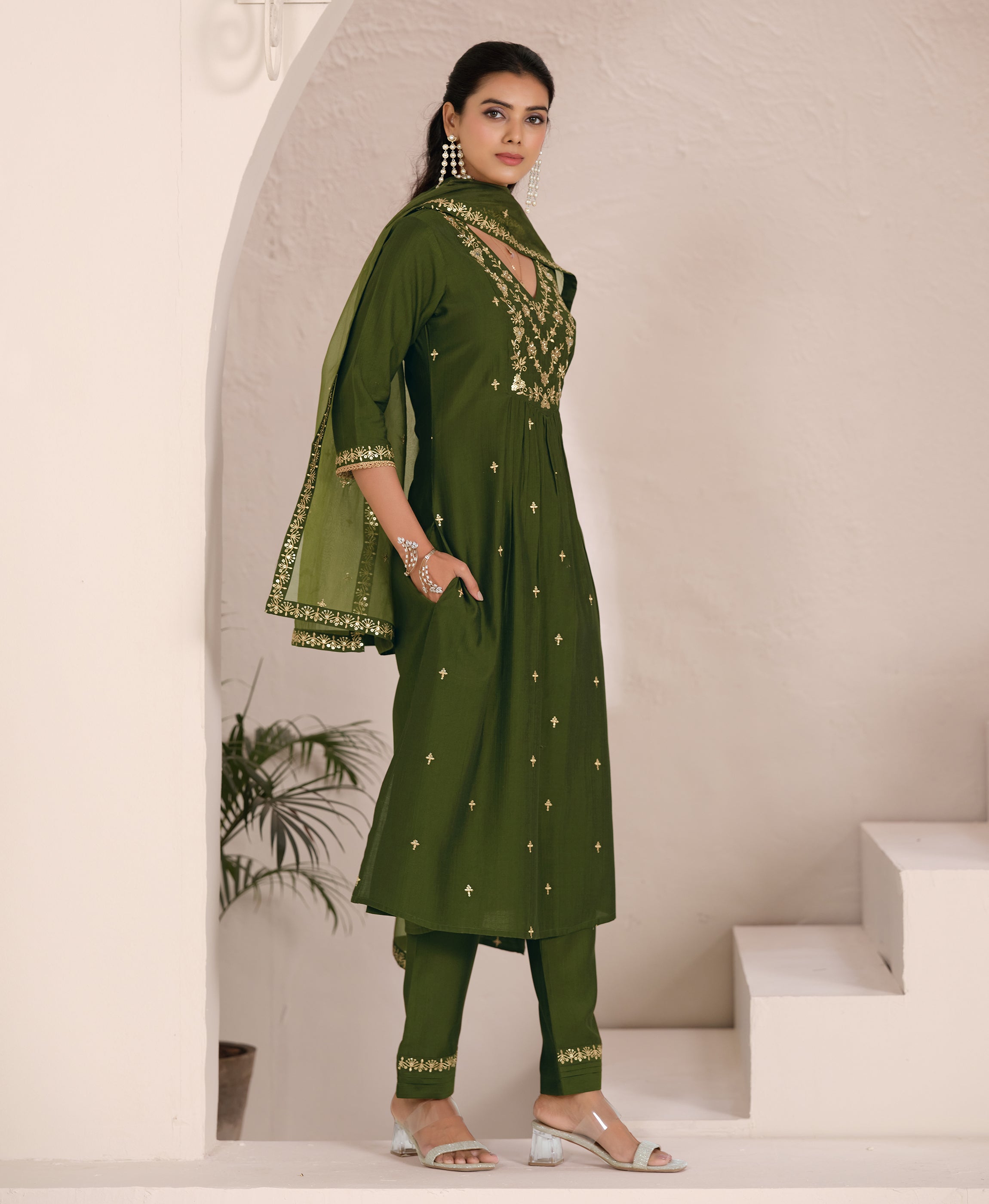 Her Couture Women's Green Viscose Floral Embroidered Flared Kurta With Pant & Printed Dupatta