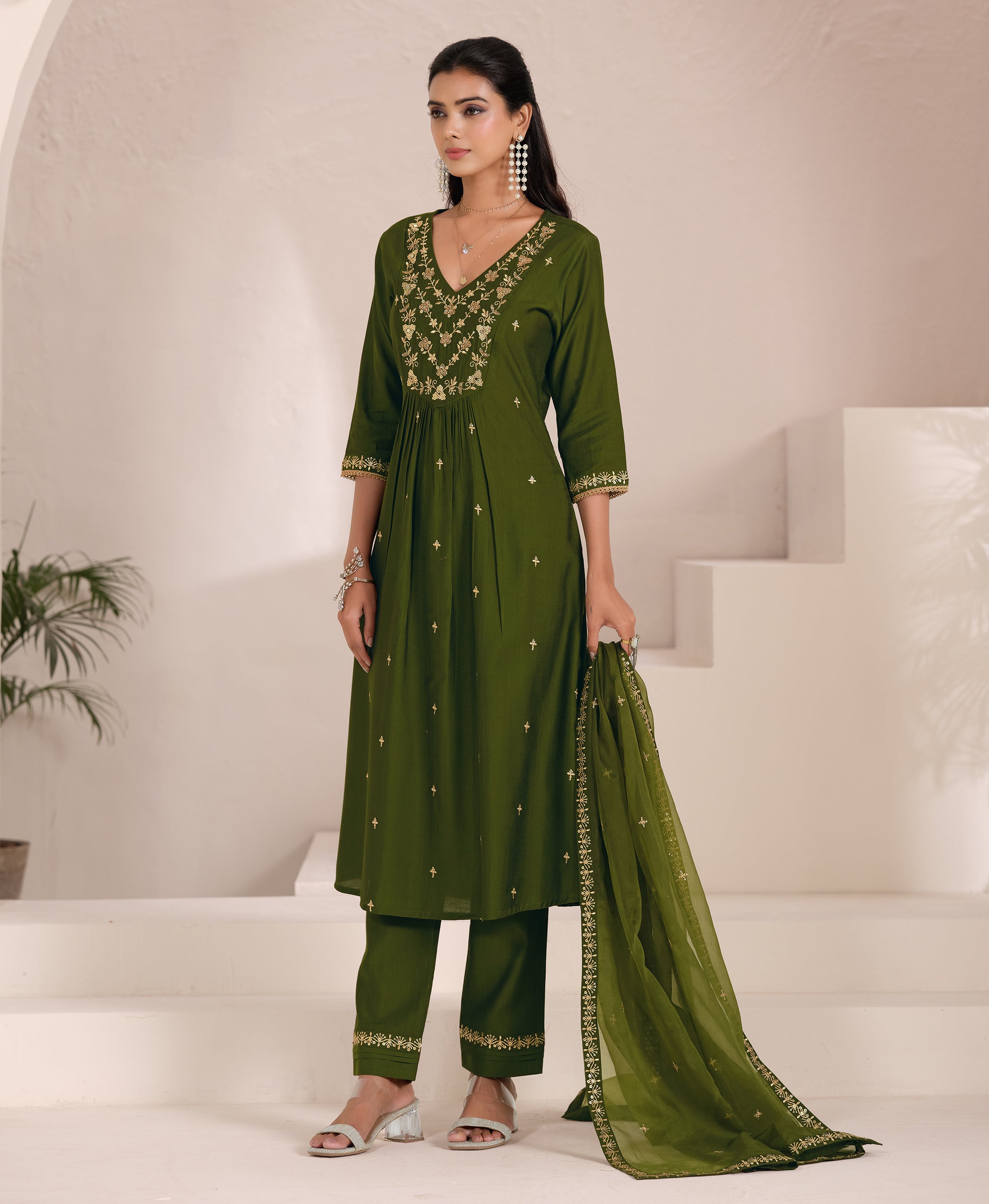 Her Couture Women's Green Viscose Floral Embroidered Flared Kurta With Pant & Printed Dupatta
