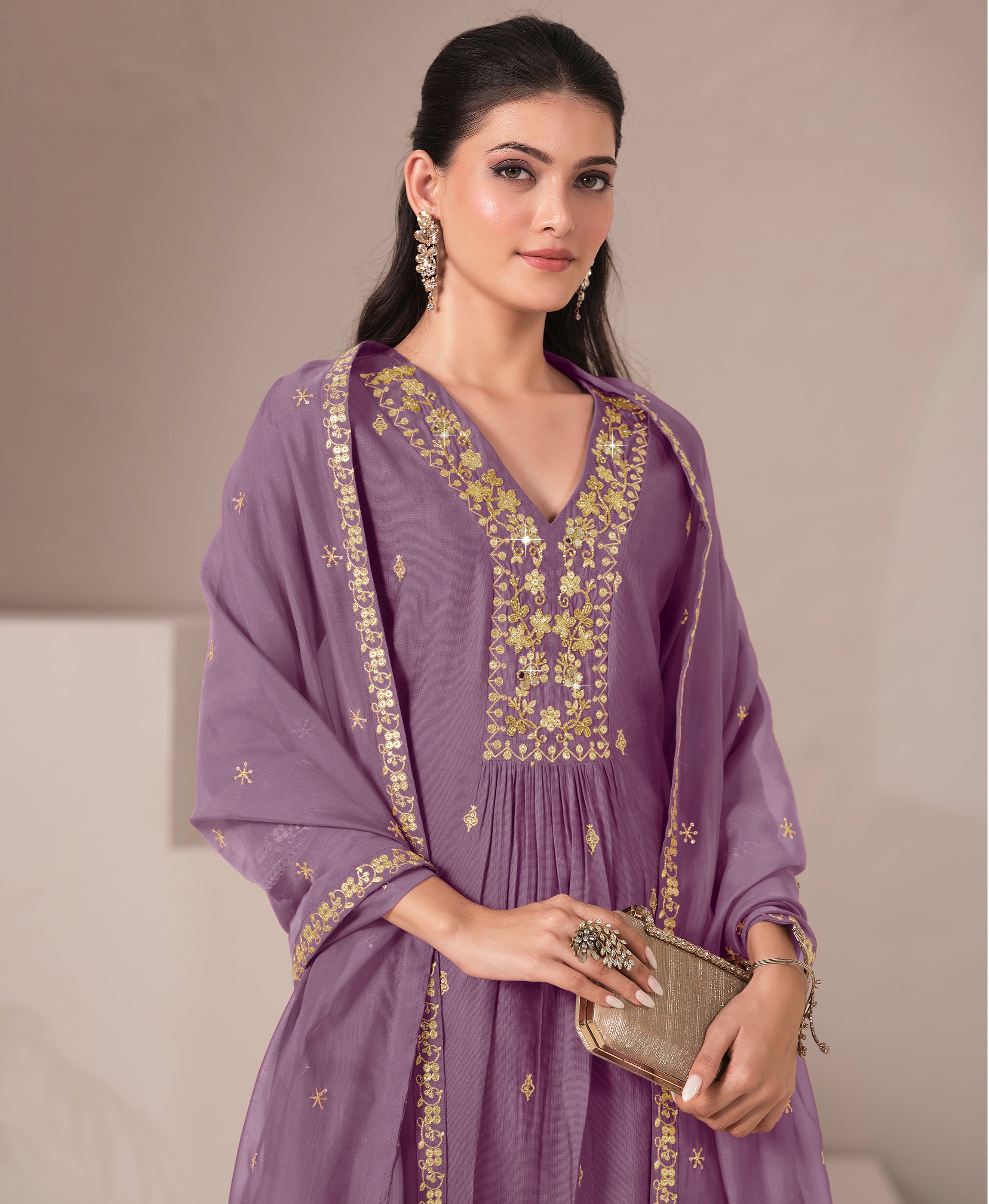 Her Couture Women's Lavender Viscose Floral Embroidered Flared Kurta With Pant & Printed Dupatta