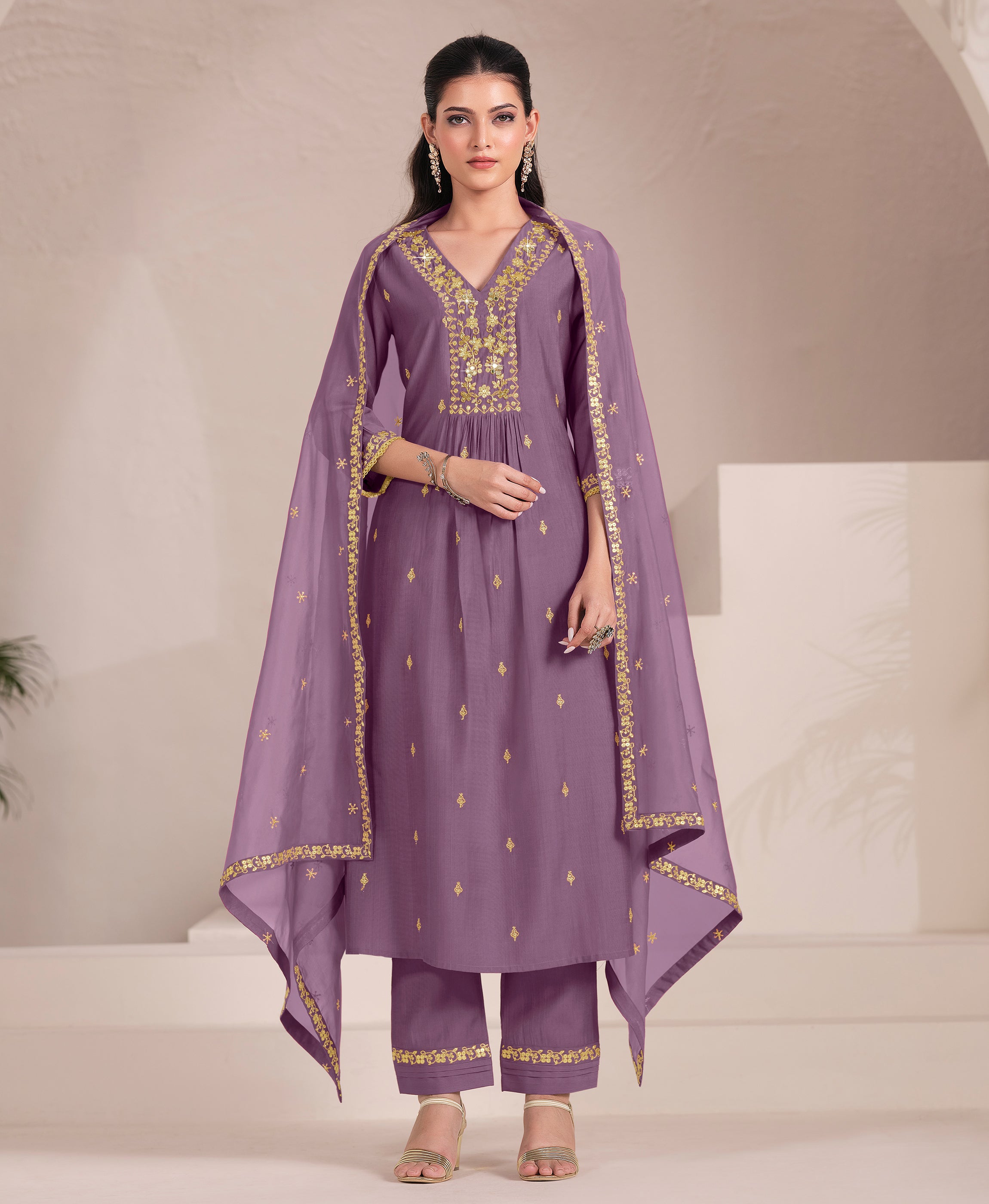 Her Couture Women's Lavender Viscose Floral Embroidered Flared Kurta With Pant & Printed Dupatta