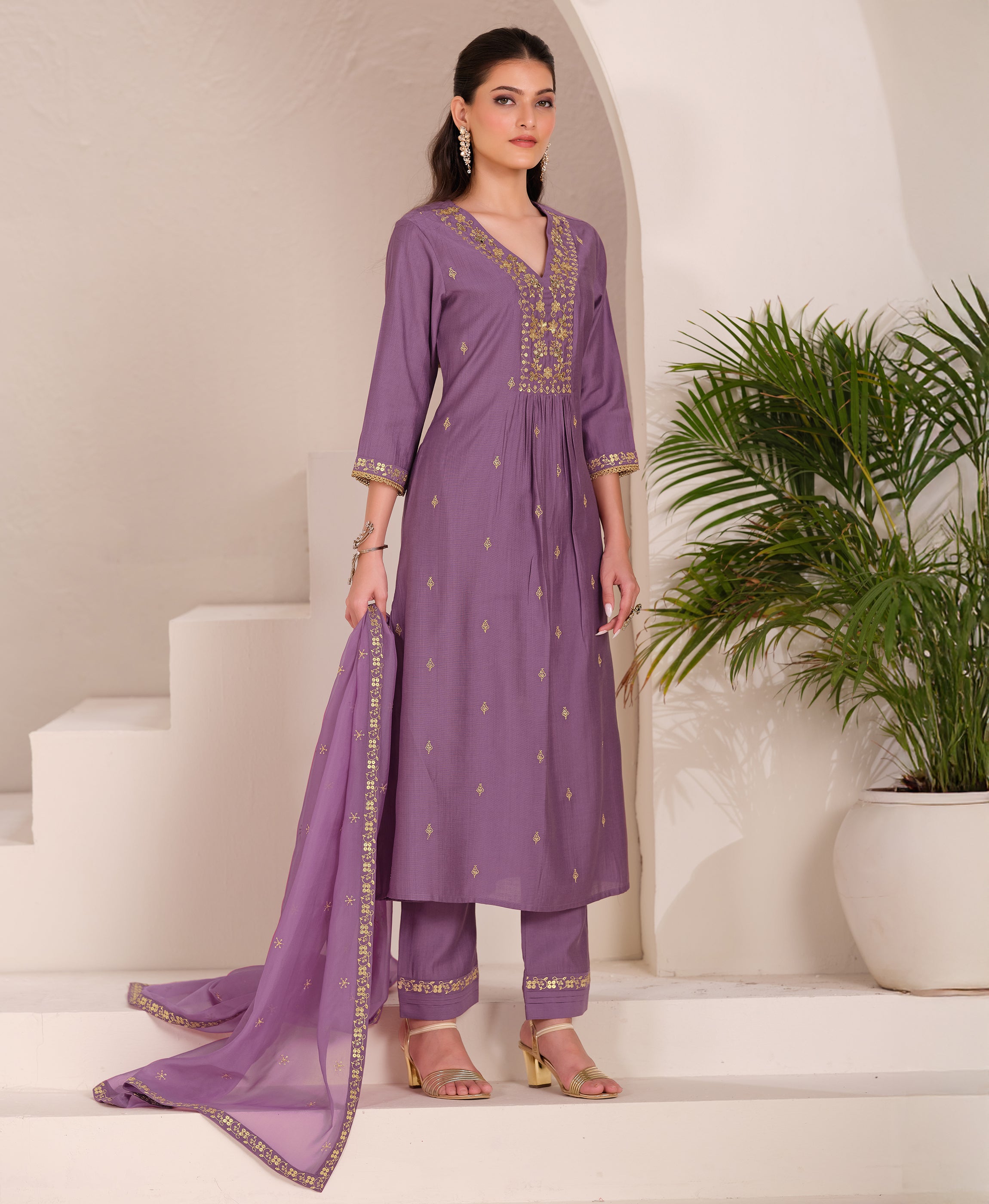 Her Couture Women's Lavender Viscose Floral Embroidered Flared Kurta With Pant & Printed Dupatta