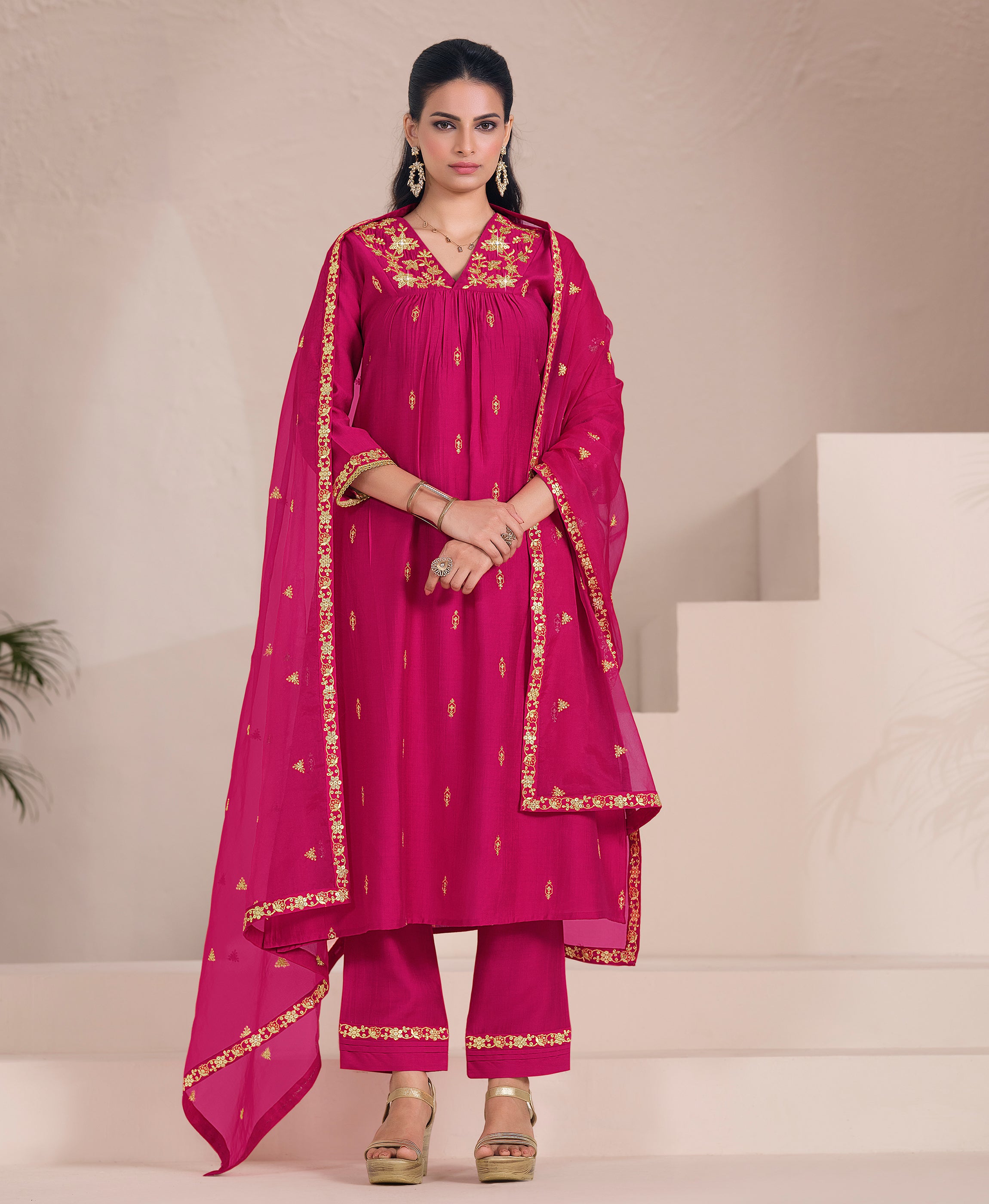 Pink Viscose Flared Festive & Party Kurta Set by Her Couture