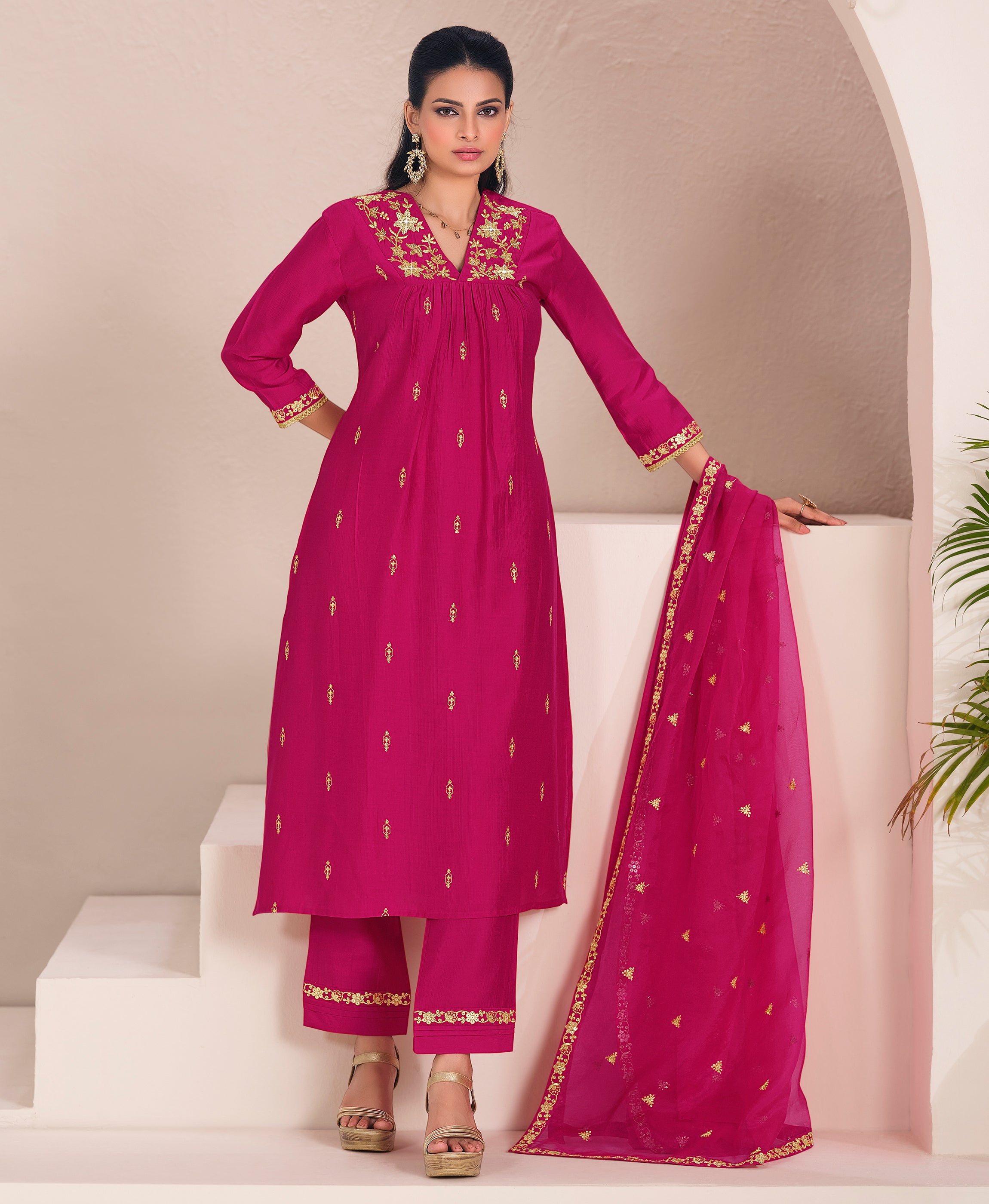 Her Couture Women's Pink Viscose Floral Embroidered Flared Kurta With Pant & Printed Dupatta