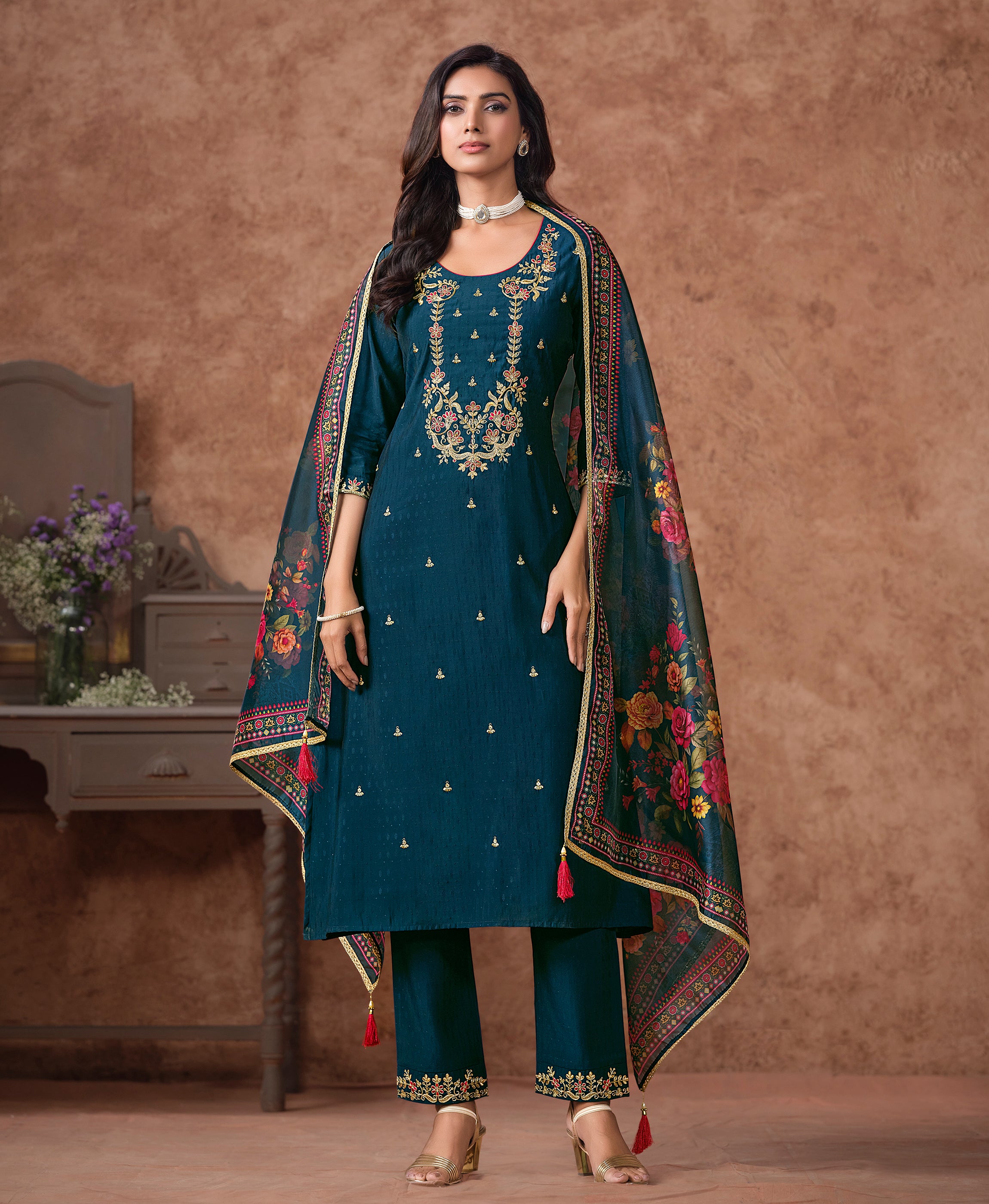 Teal Viscose Silk A-line Festive & Party Kurta Set by Her Couture
