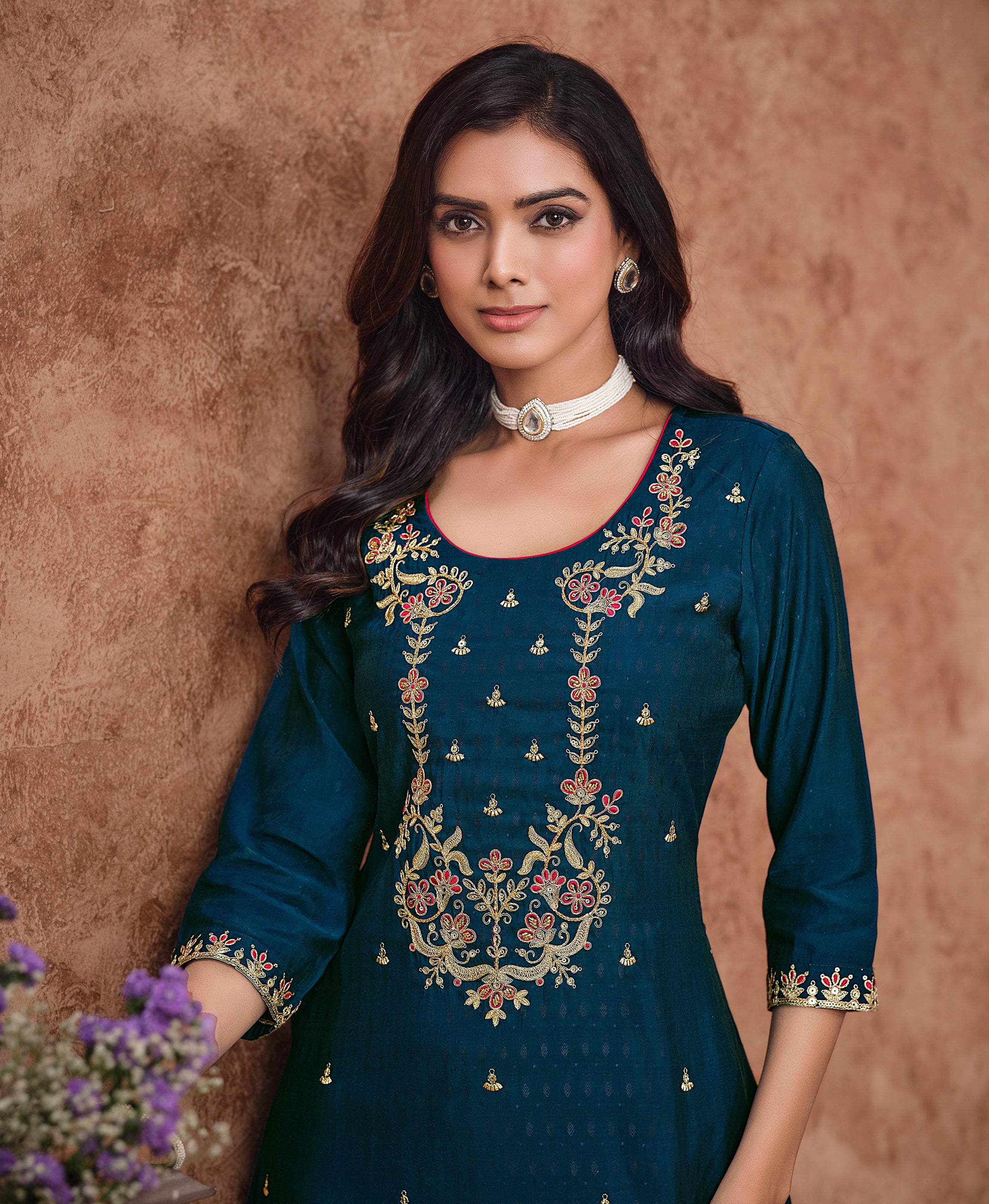 Her Couture Women's Teal Viscose Silk Floral Embroidered A-line Kurta With Pant & Printed Dupatta