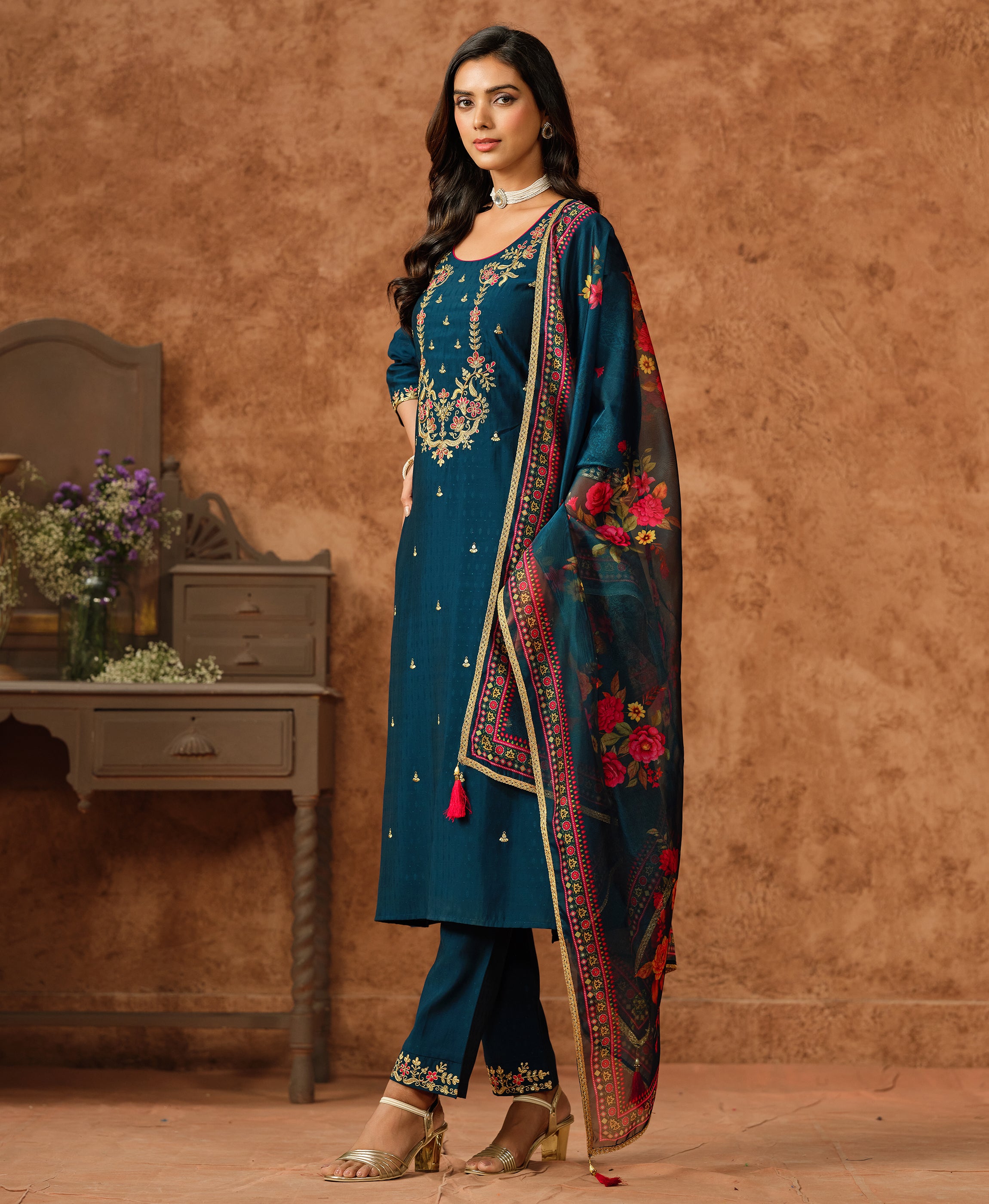 Her Couture Women's Teal Viscose Silk Floral Embroidered A-line Kurta With Pant & Printed Dupatta