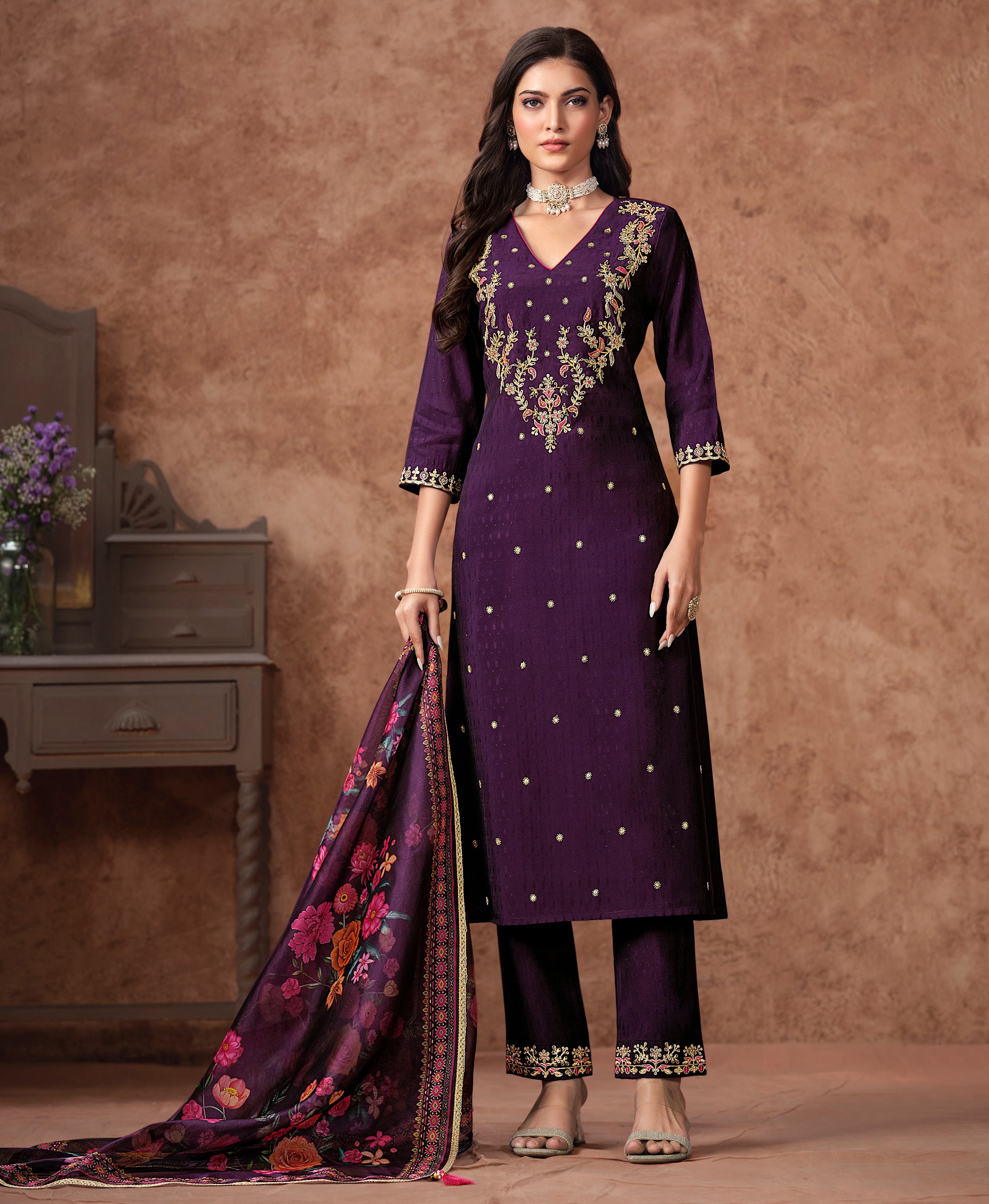 Purple Viscose Silk A-line Festive & Party Kurta Set by Her Couture