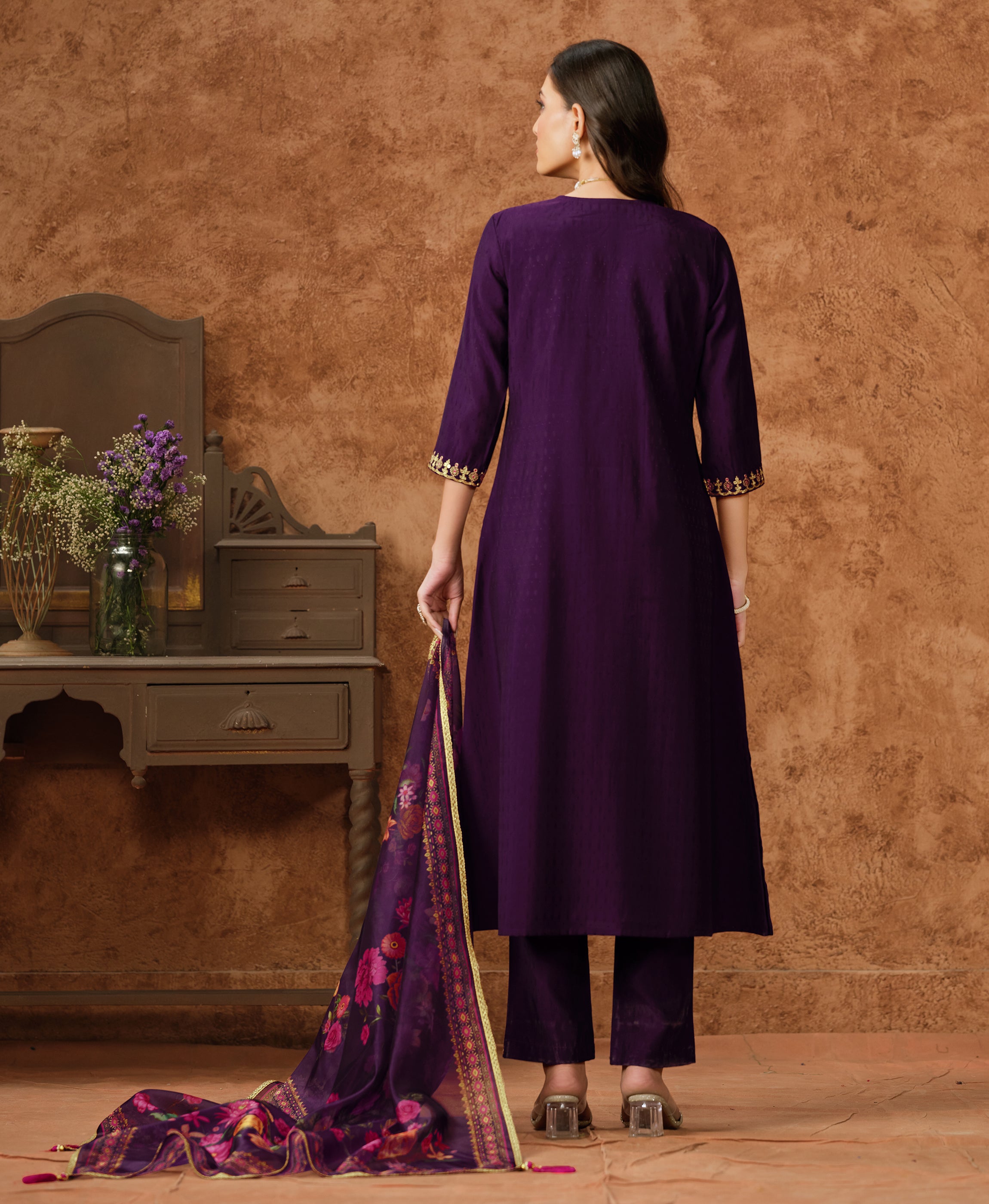Her Couture Women's Purple Viscose Silk Floral Embroidered A-line Kurta With Pant & Printed Dupatta