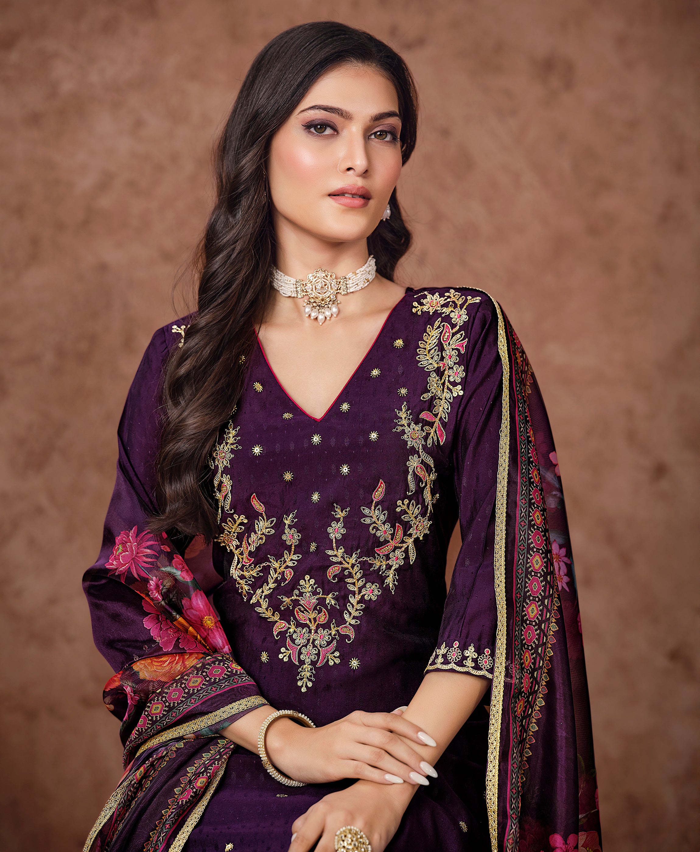 Her Couture Women's Purple Viscose Silk Floral Embroidered A-line Kurta With Pant & Printed Dupatta