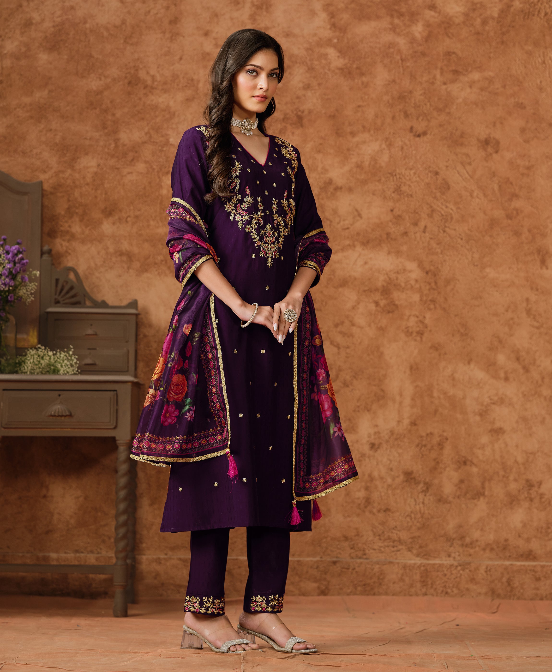 Her Couture Women's Purple Viscose Silk Floral Embroidered A-line Kurta With Pant & Printed Dupatta