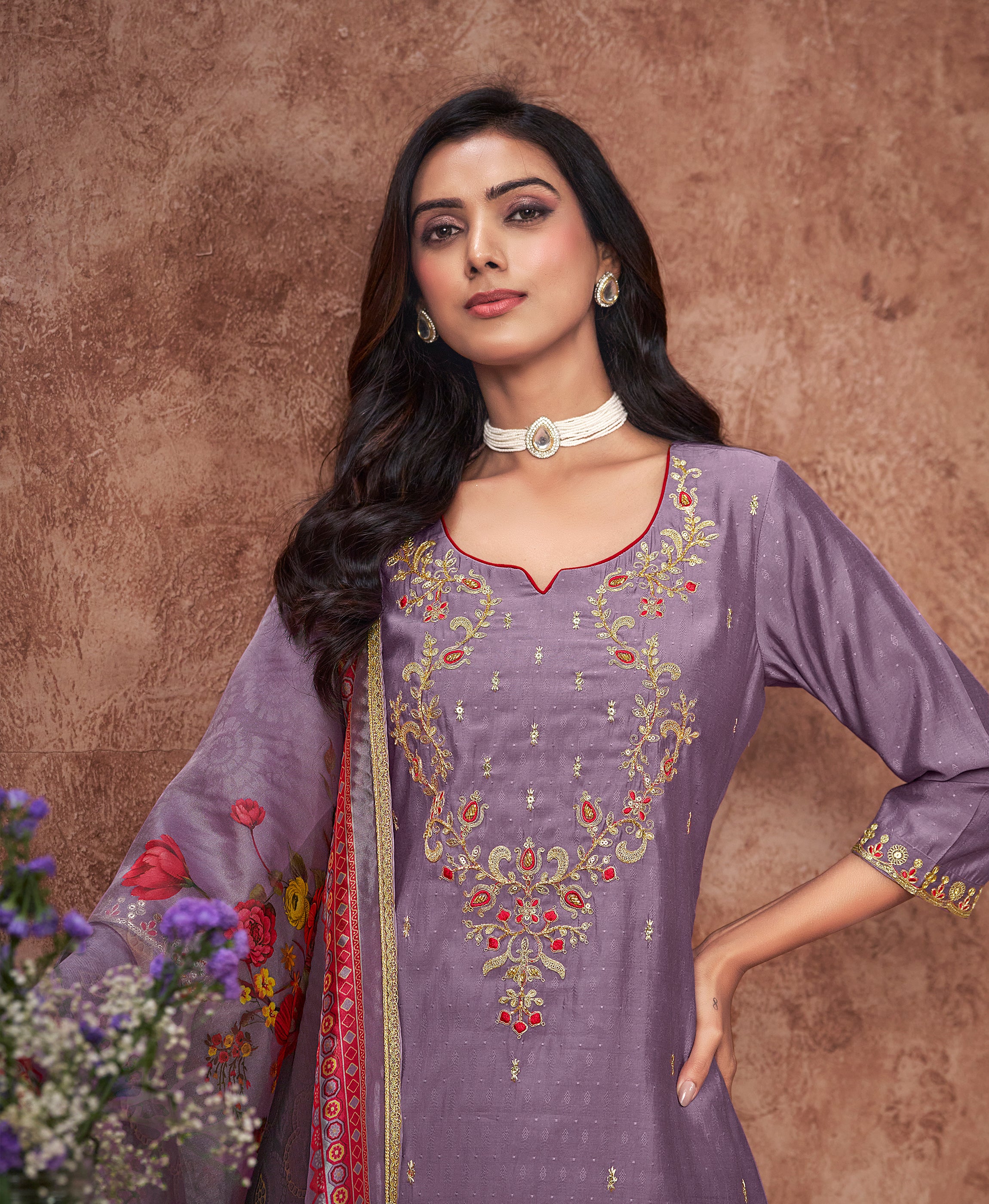 Her Couture Women's Lavender Viscose Silk Floral Embroidered A-line Kurta With Pant & Printed Dupatta