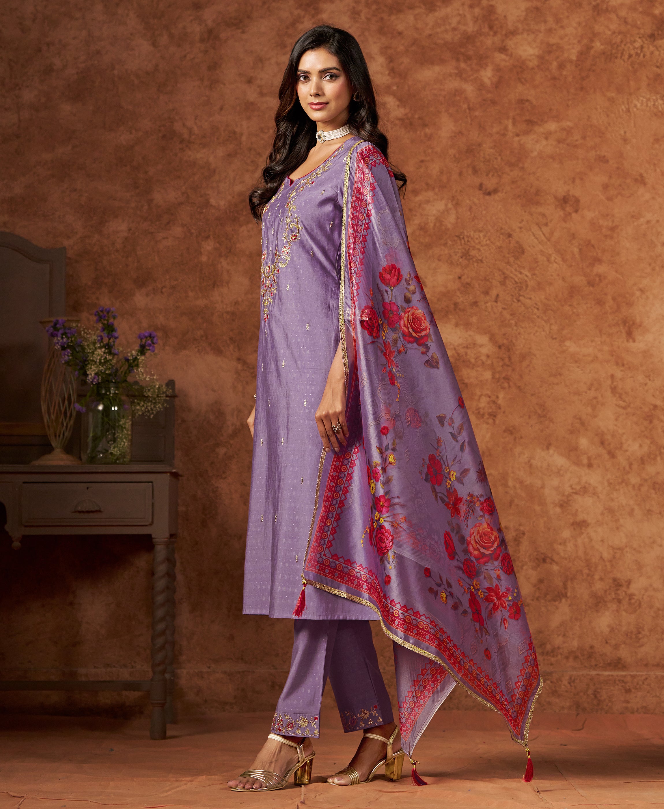 Her Couture Women's Lavender Viscose Silk Floral Embroidered A-line Kurta With Pant & Printed Dupatta