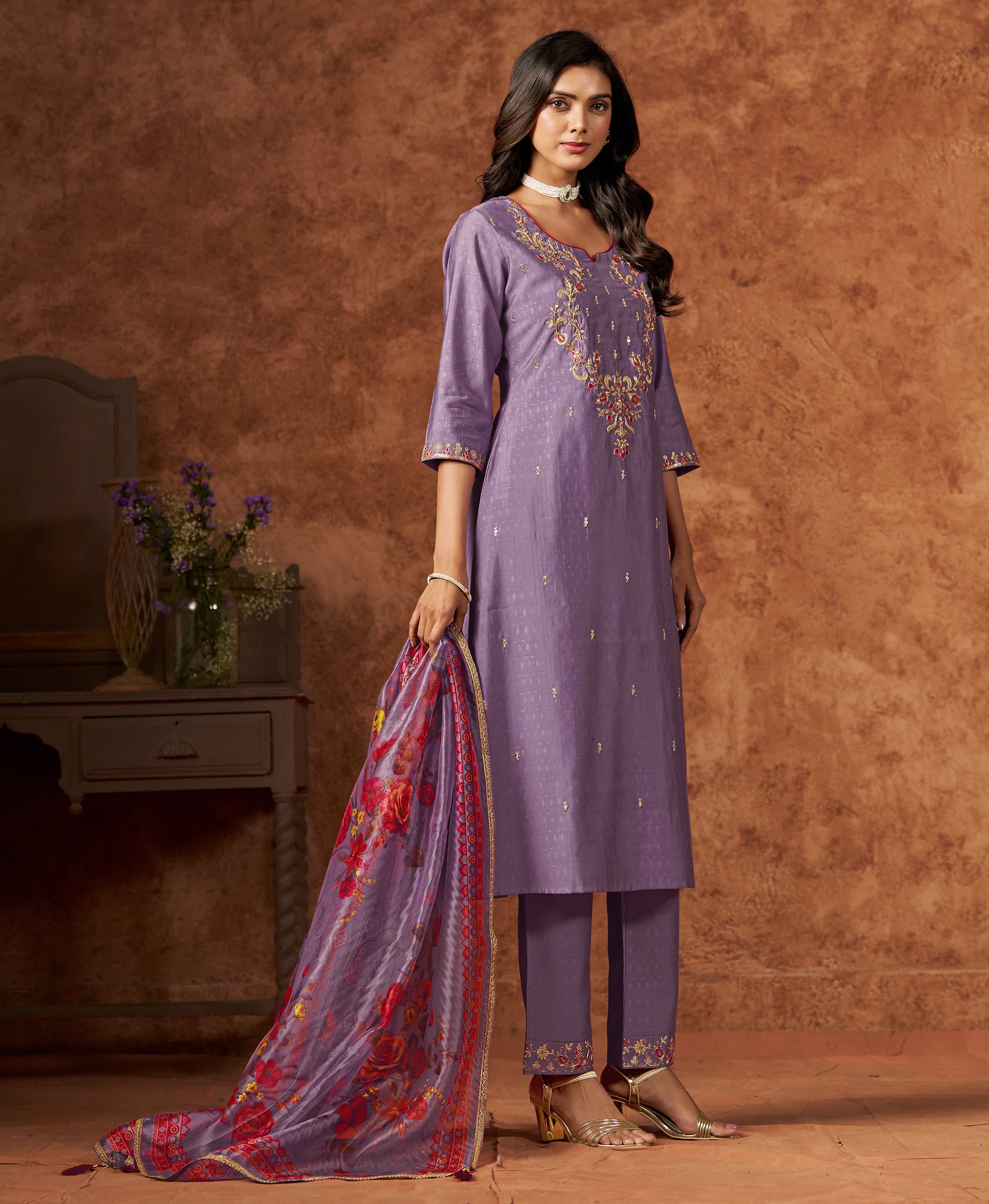 Her Couture Women's Lavender Viscose Silk Floral Embroidered A-line Kurta With Pant & Printed Dupatta