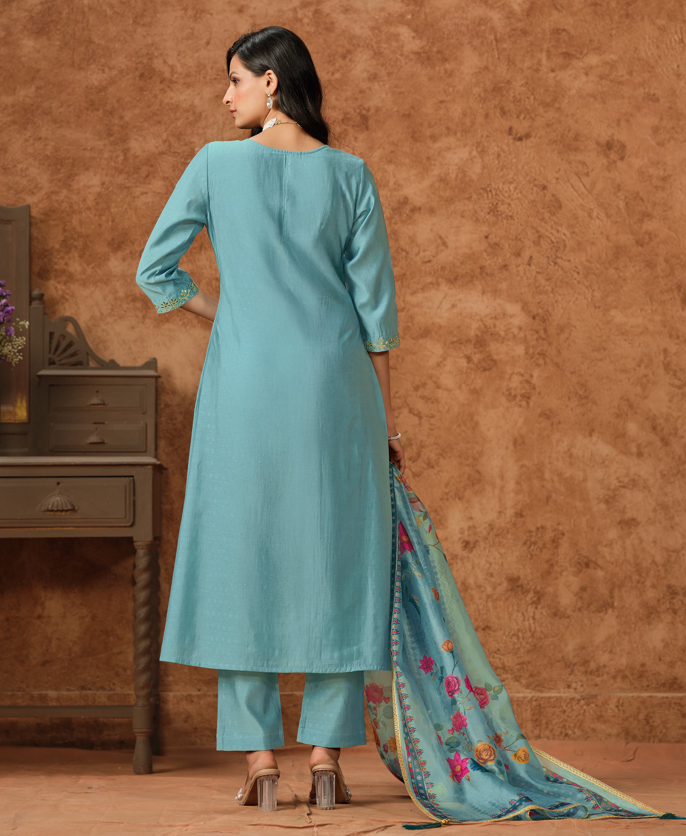 Her Couture Women's Sea Green Viscose Silk Floral Embroidered A-line Kurta With Pant & Printed Dupatta