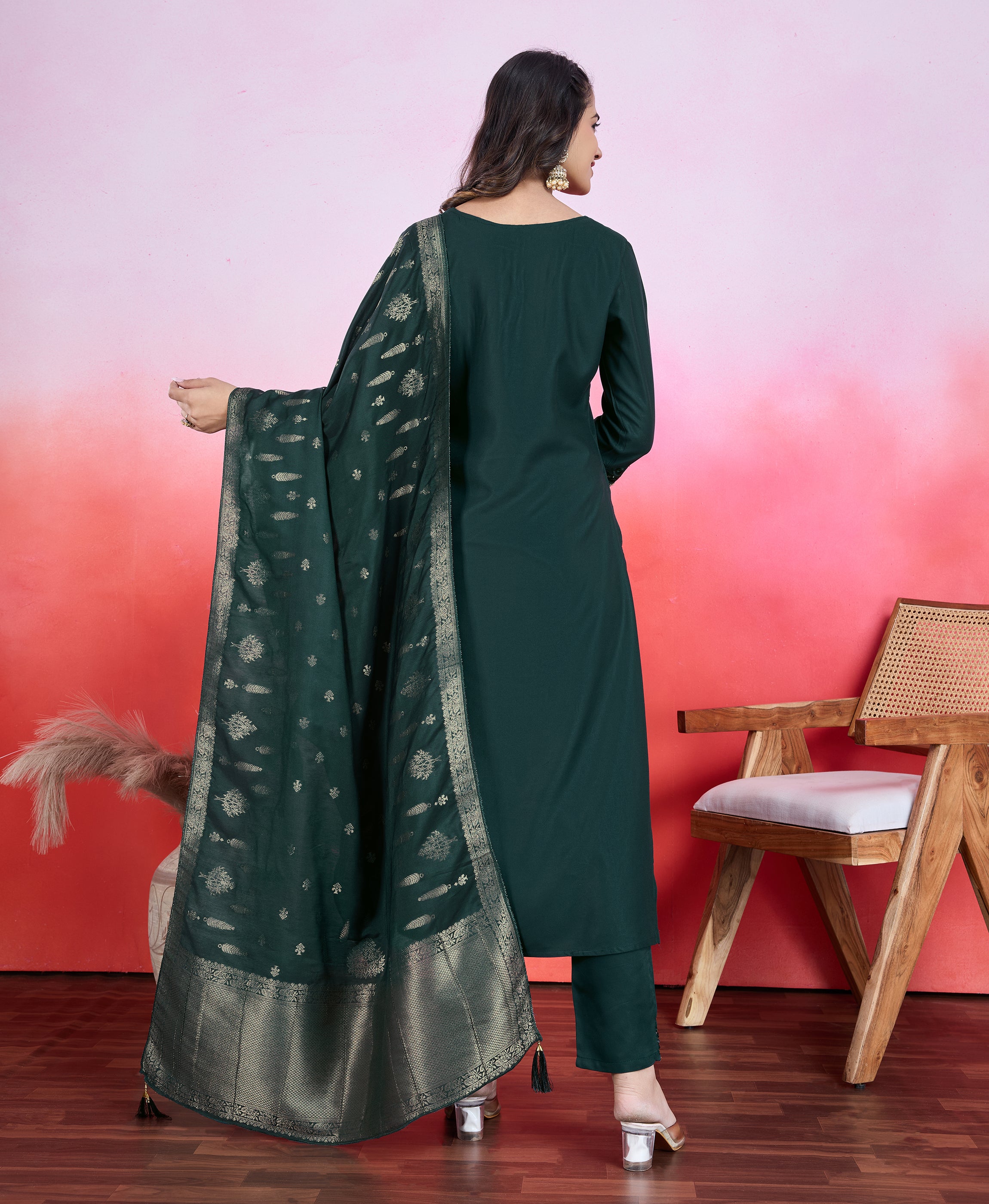 Her Couture Women's Dark Green Viscose Satin Floral Embroidered Straight Kurta With Pant & Printed Dupatta
