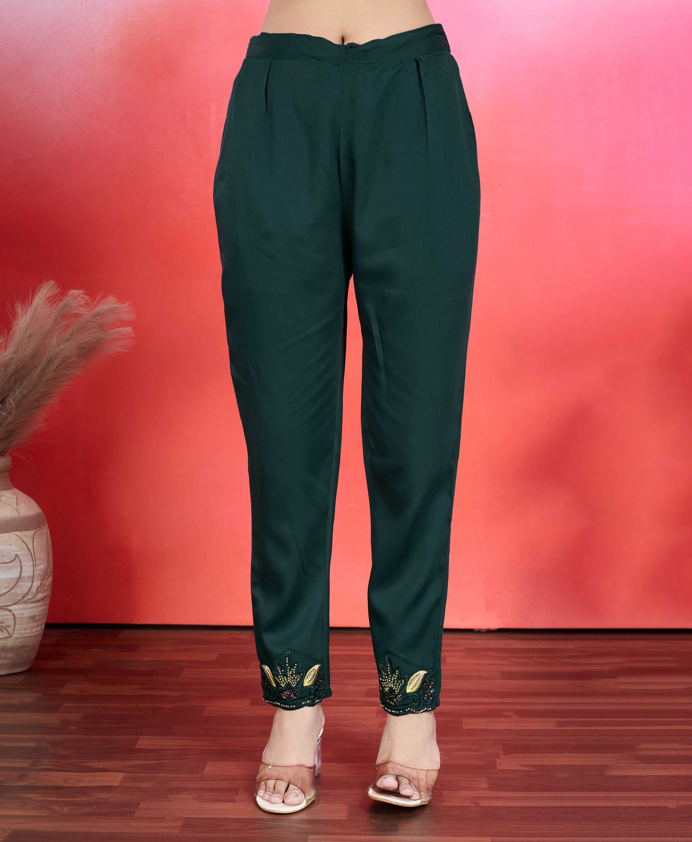 Her Couture Women's Dark Green Viscose Satin Floral Embroidered Straight Kurta With Pant & Printed Dupatta