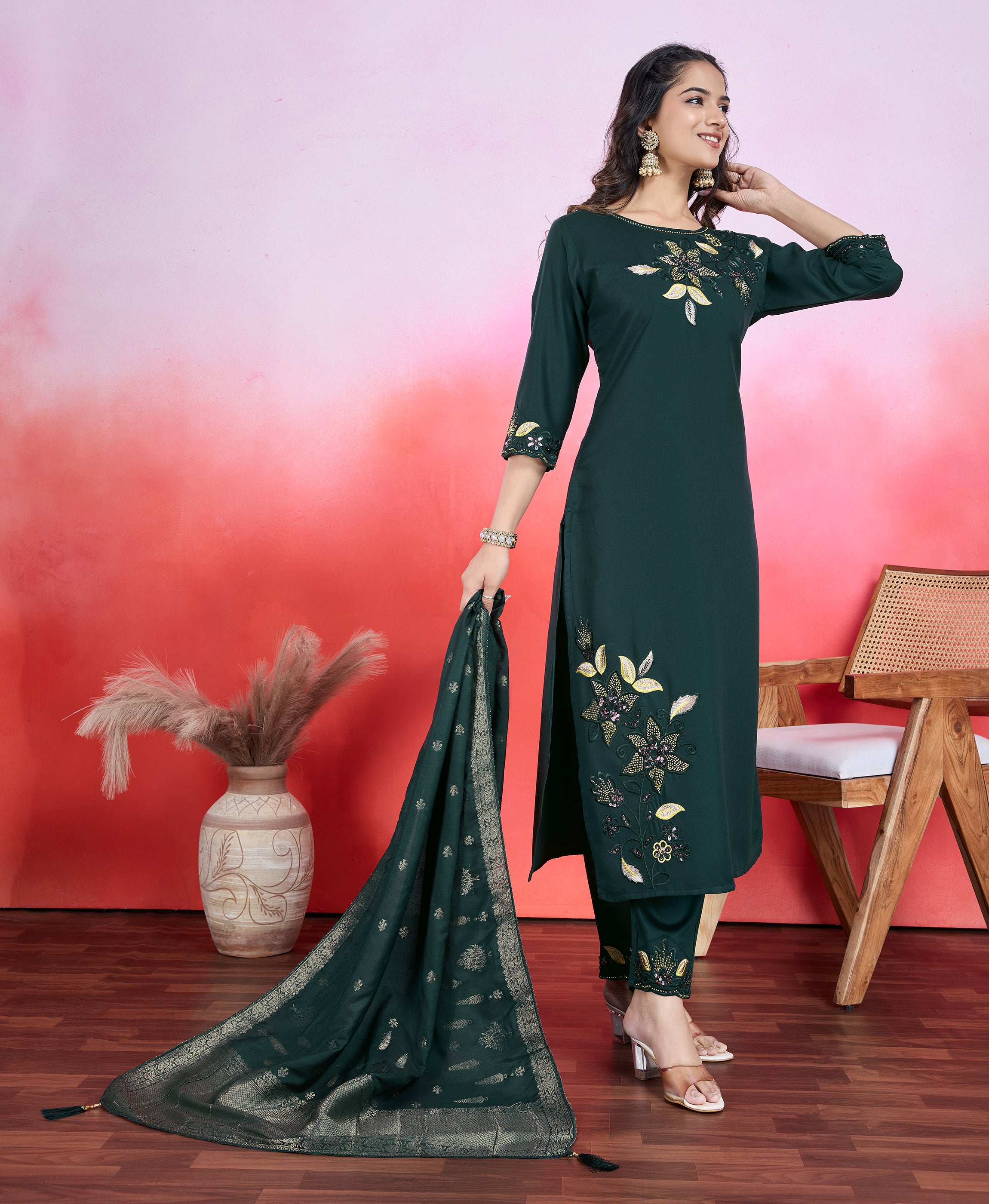 Her Couture Women's Dark Green Viscose Satin Floral Embroidered Straight Kurta With Pant & Printed Dupatta